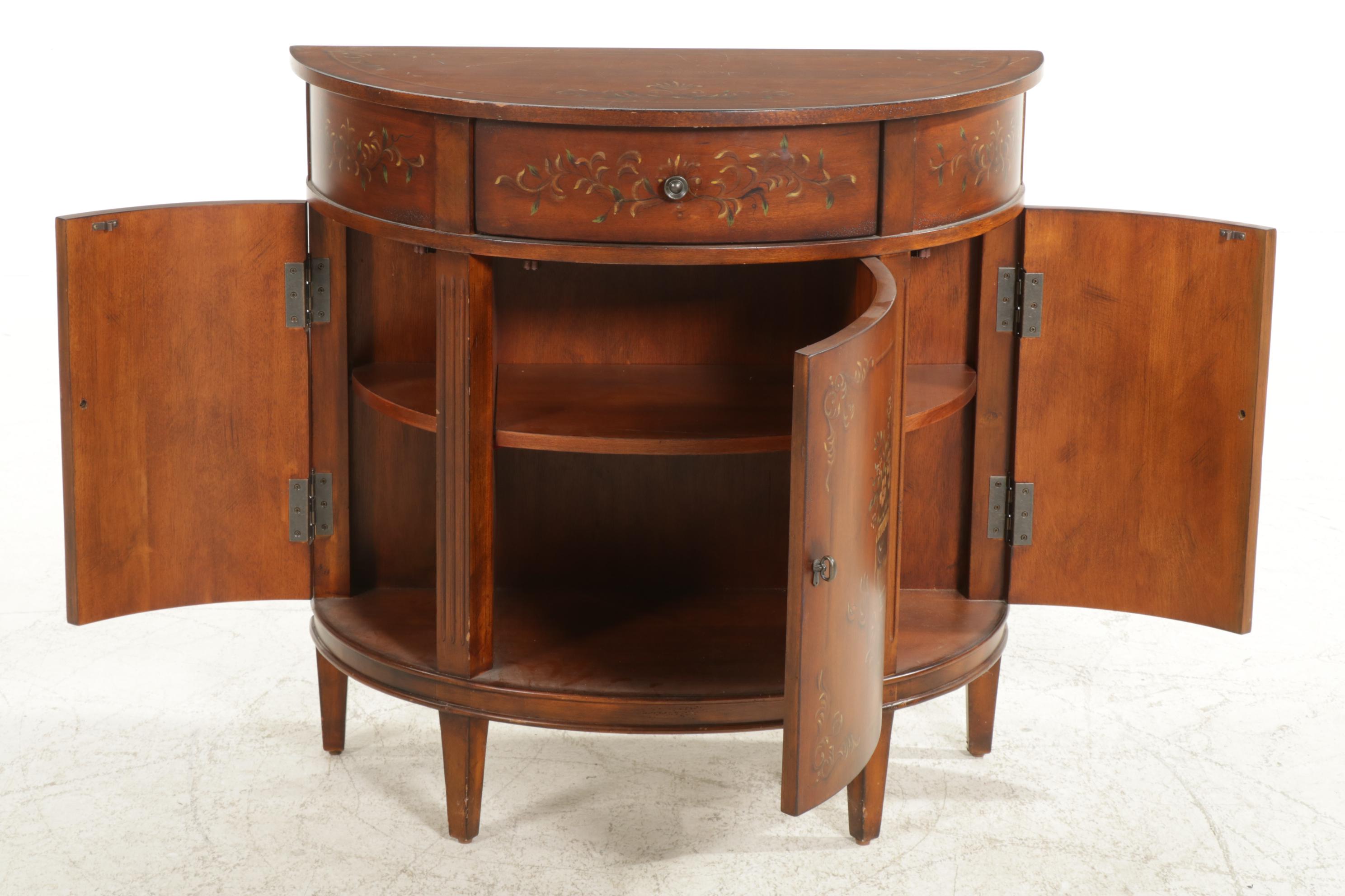 Ethan Allen Paint Decorated Walnut Demilune Cabinet, Late 20th to 21st Century