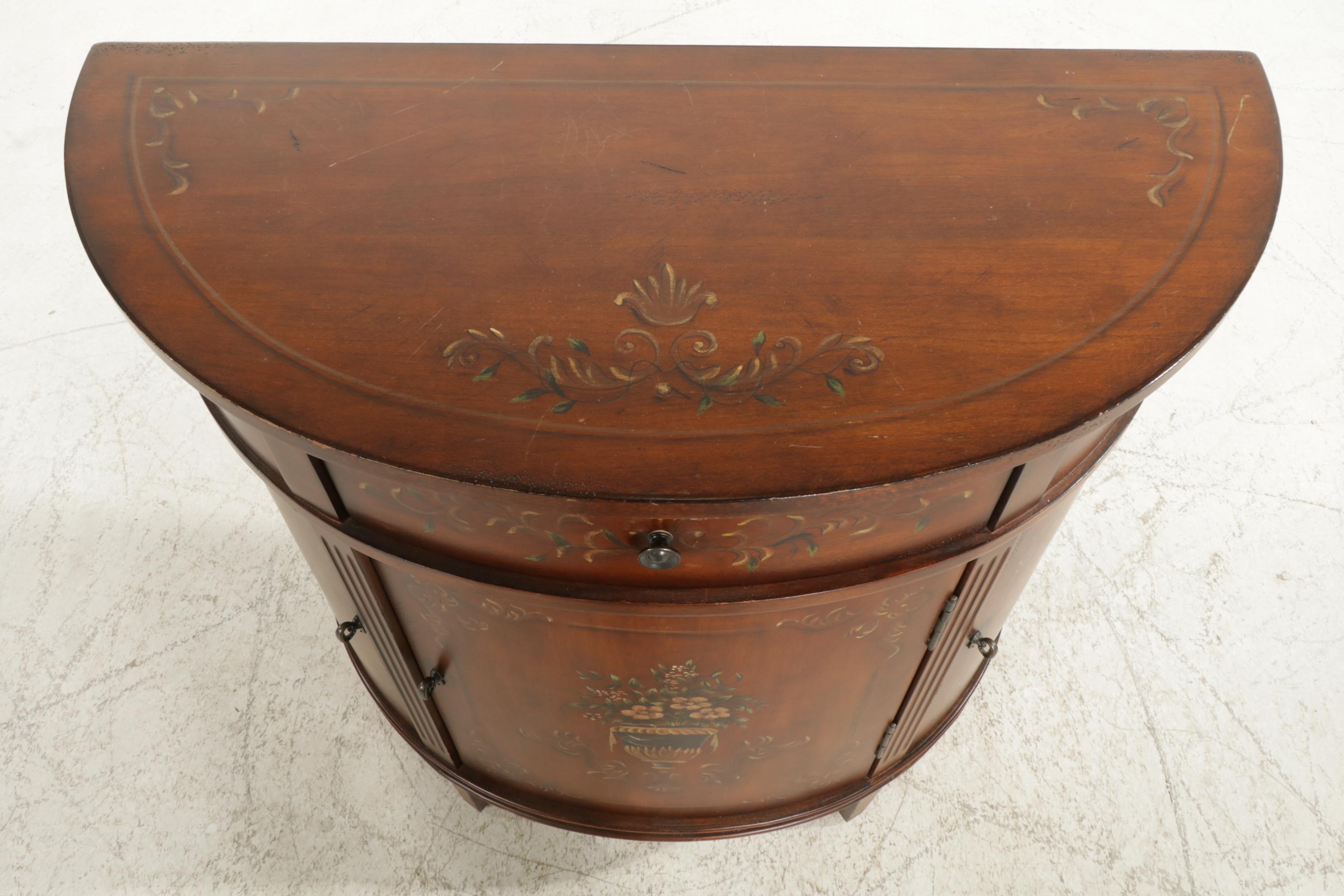 Ethan Allen Paint Decorated Walnut Demilune Cabinet, Late 20th to 21st Century
