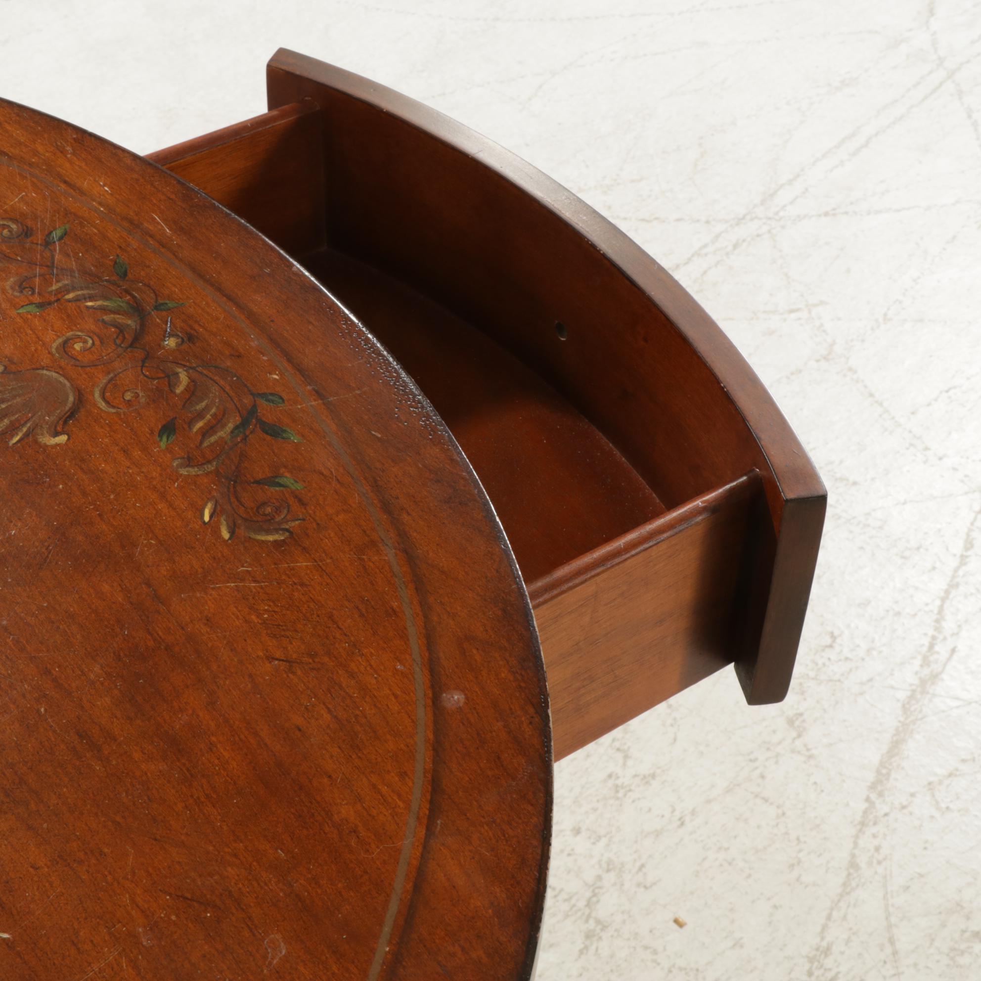 Ethan Allen Paint Decorated Walnut Demilune Cabinet, Late 20th to 21st Century