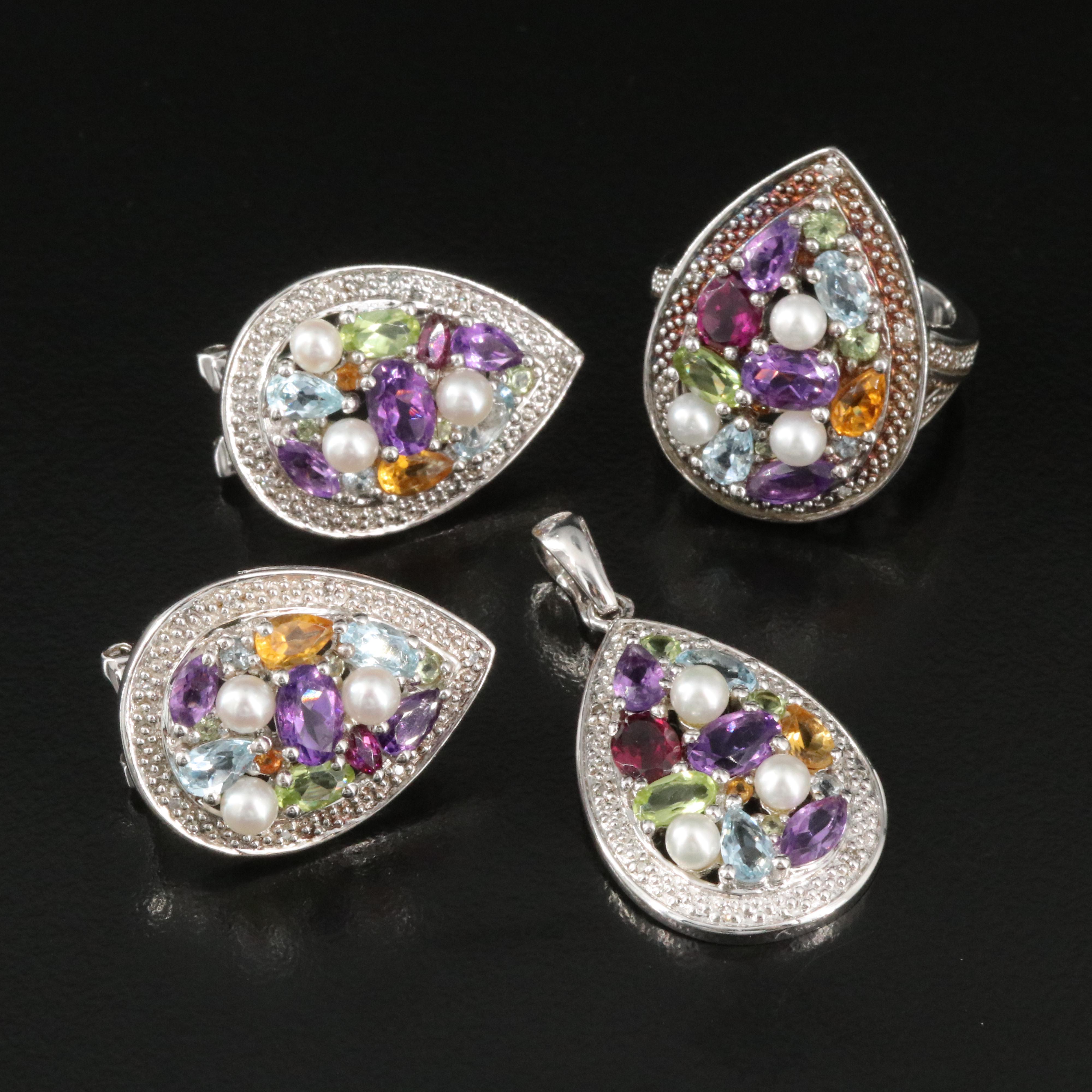 Sterling Ring, Earrings and Enhancer Pendant Including Pearl and Peridot