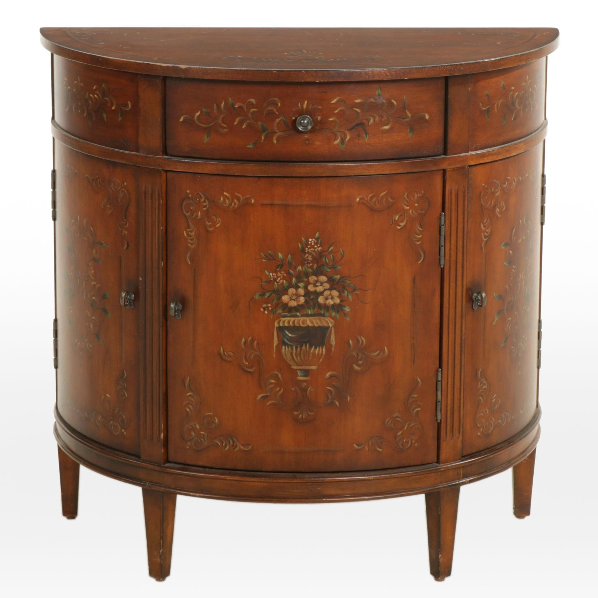 Ethan Allen Paint Decorated Walnut Demilune Cabinet, Late 20th to 21st Century