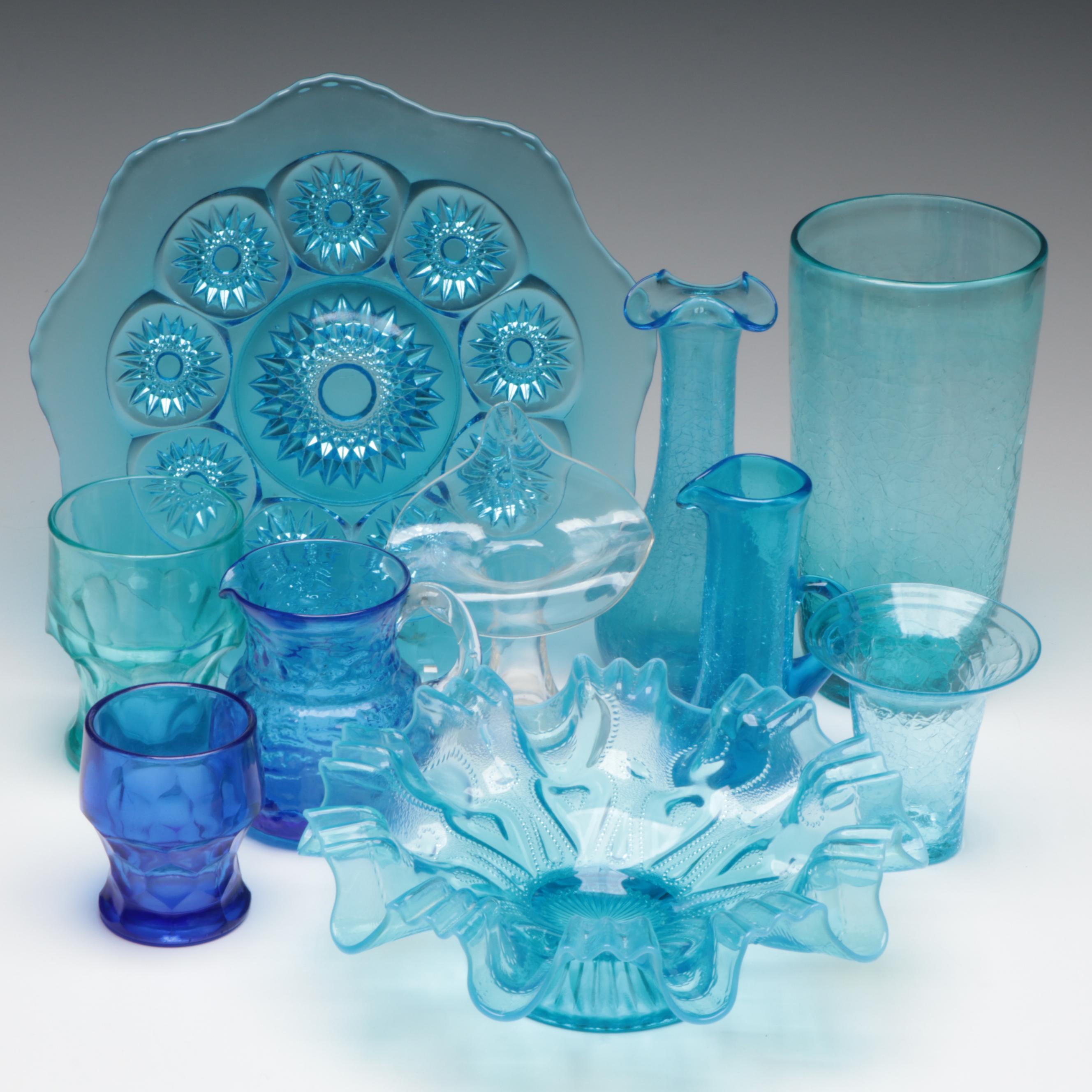 Blue Crackle Glass Vases and Pitchers with Other Glass Table Accessories