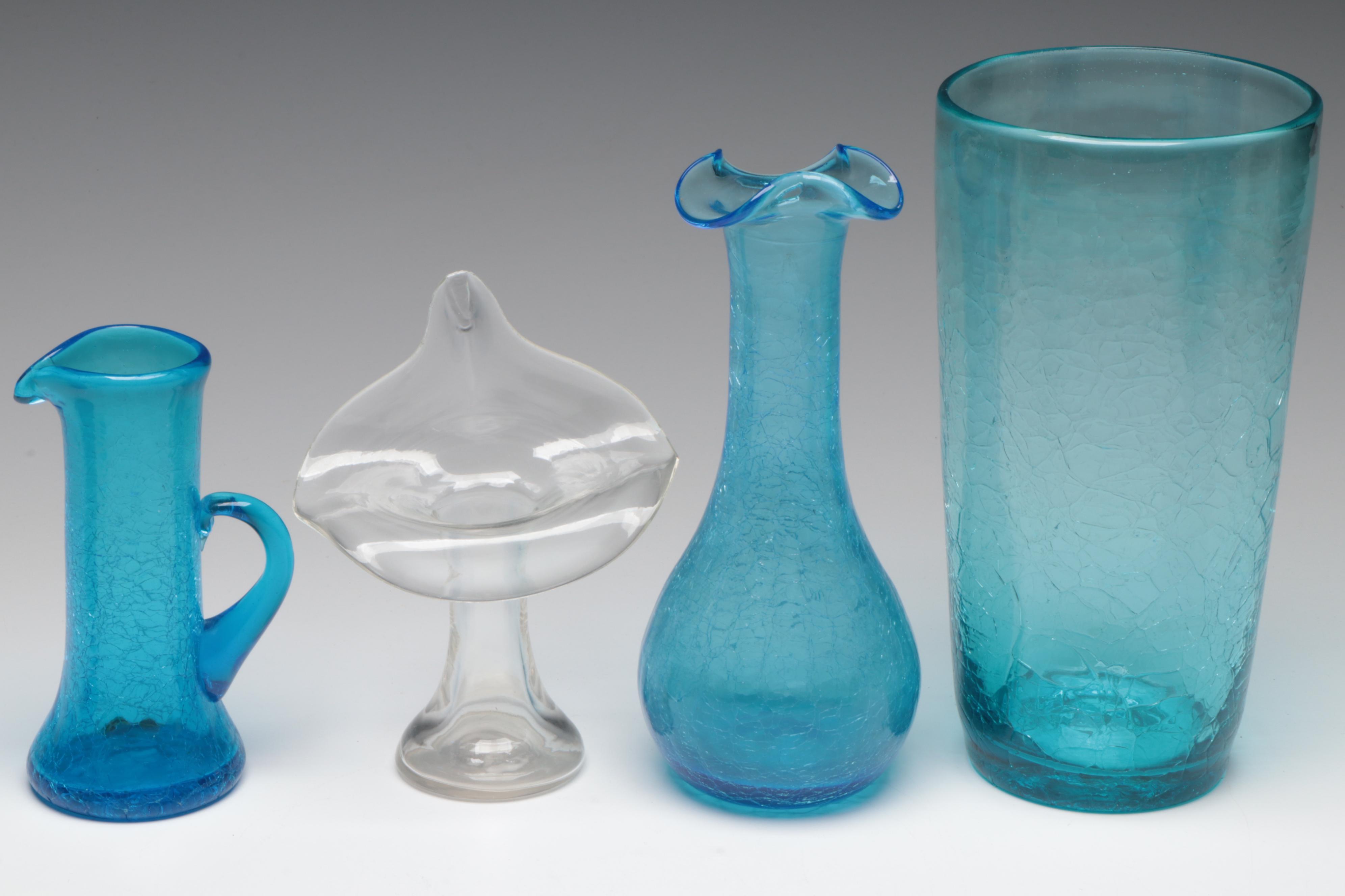 Blue Crackle Glass Vases and Pitchers with Other Glass Table Accessories