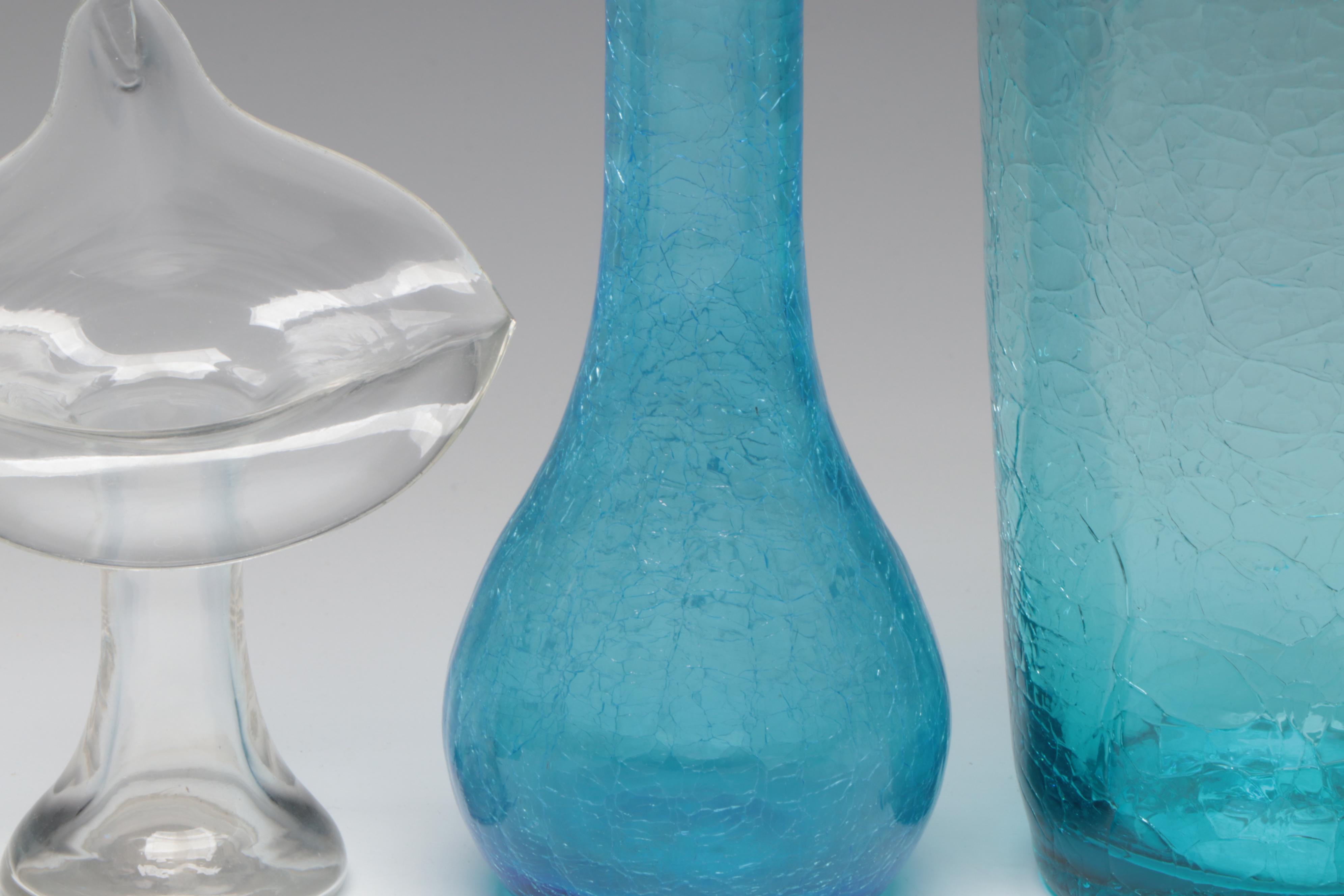 Blue Crackle Glass Vases and Pitchers with Other Glass Table Accessories