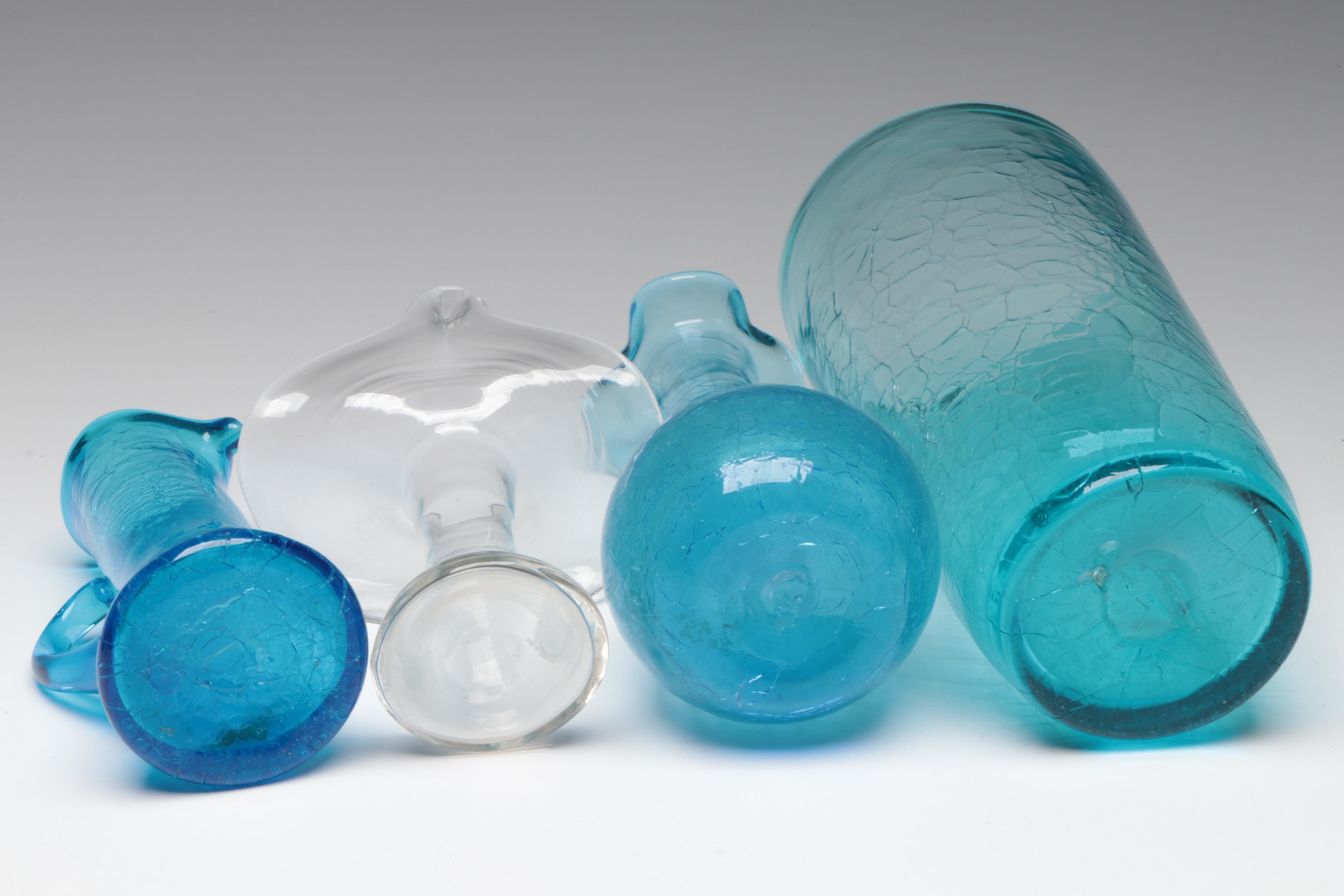 Blue Crackle Glass Vases and Pitchers with Other Glass Table Accessories