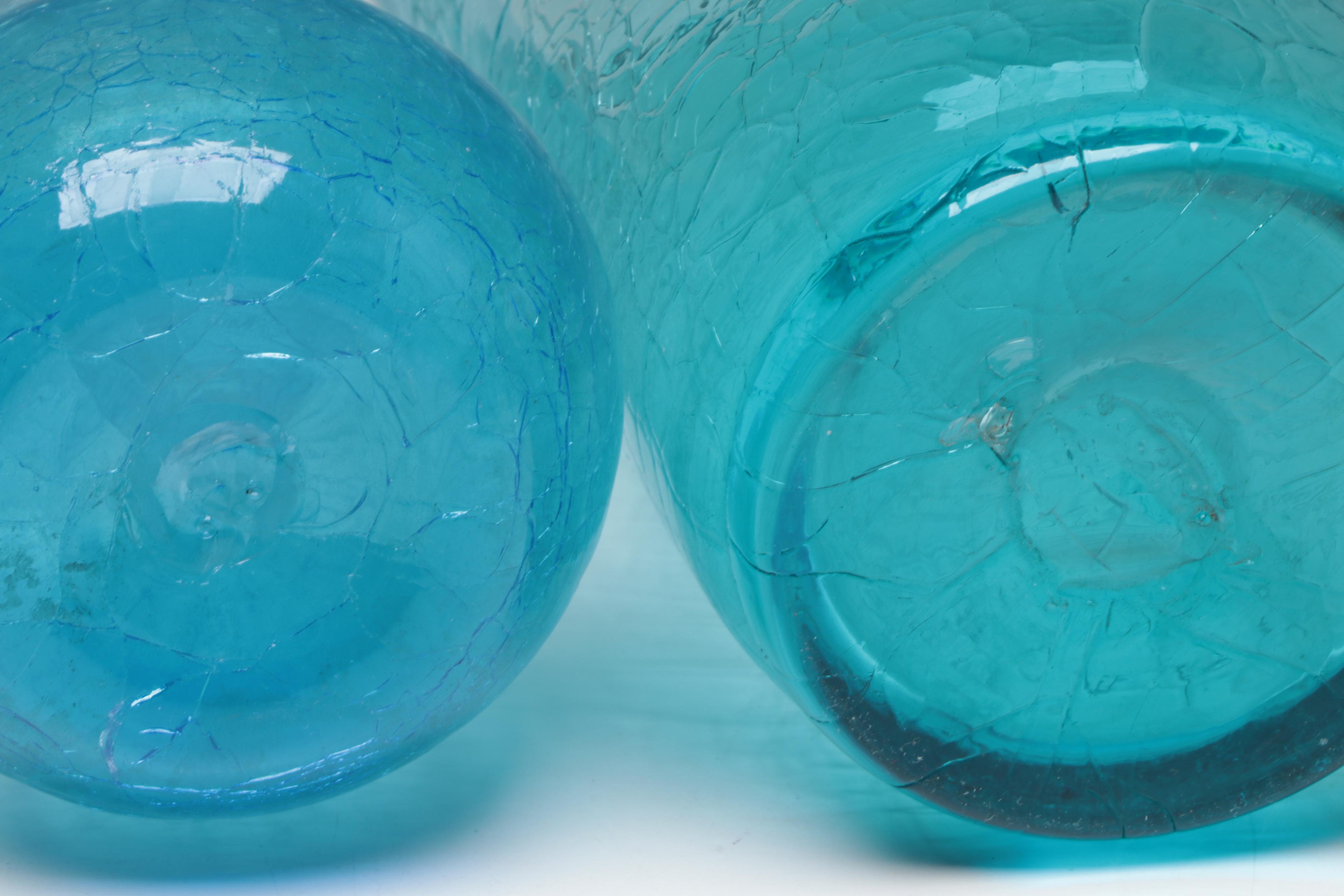 Blue Crackle Glass Vases and Pitchers with Other Glass Table Accessories