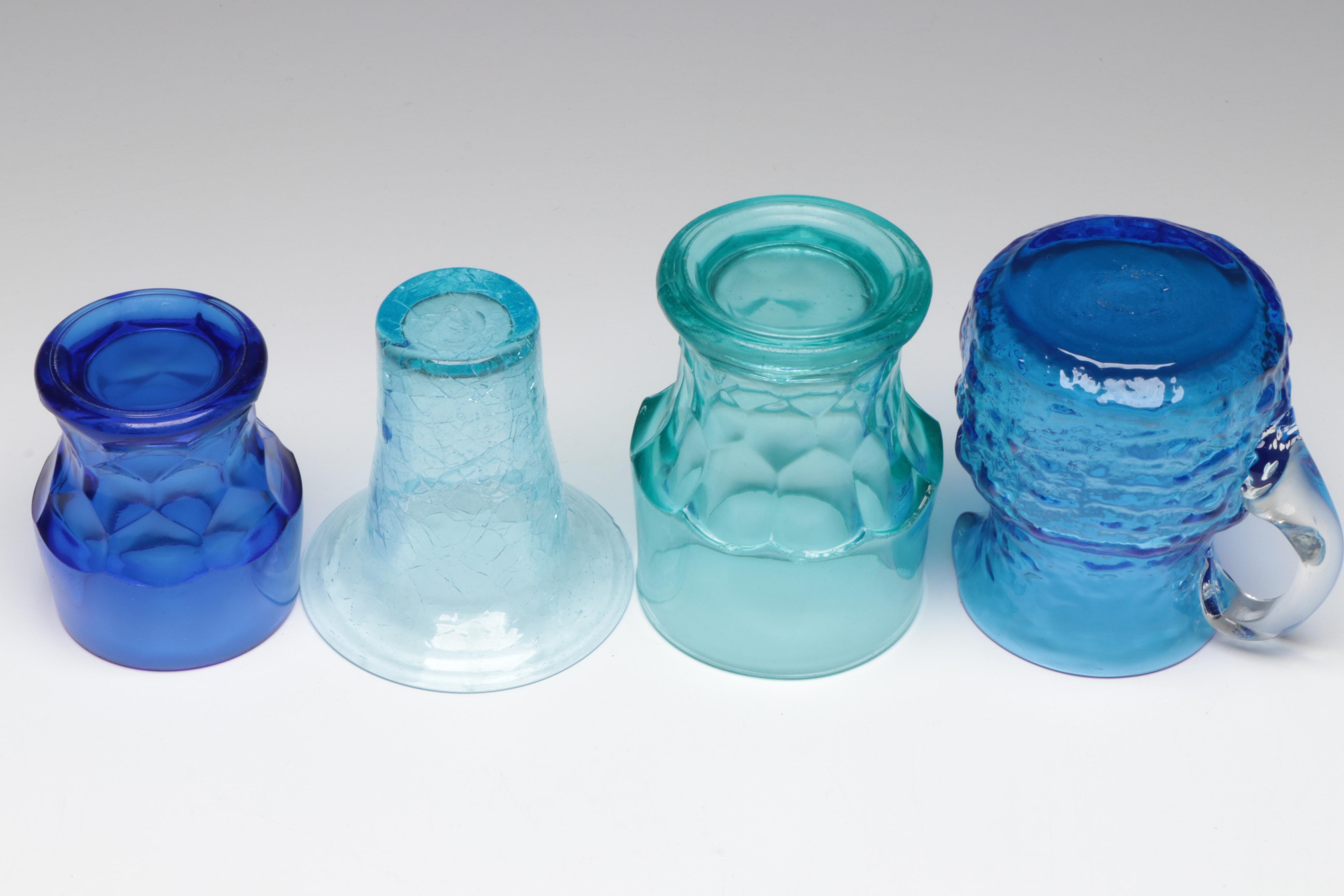 Blue Crackle Glass Vases and Pitchers with Other Glass Table Accessories
