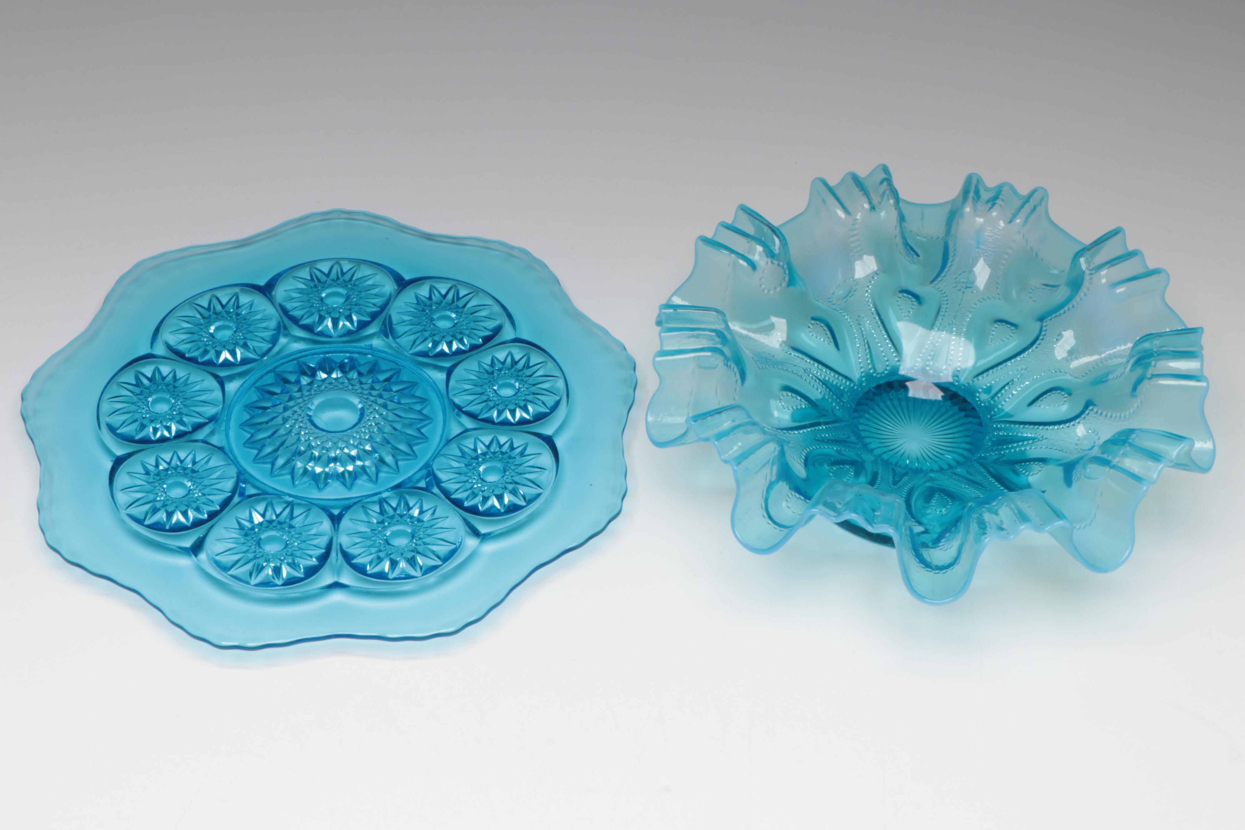 Blue Crackle Glass Vases and Pitchers with Other Glass Table Accessories