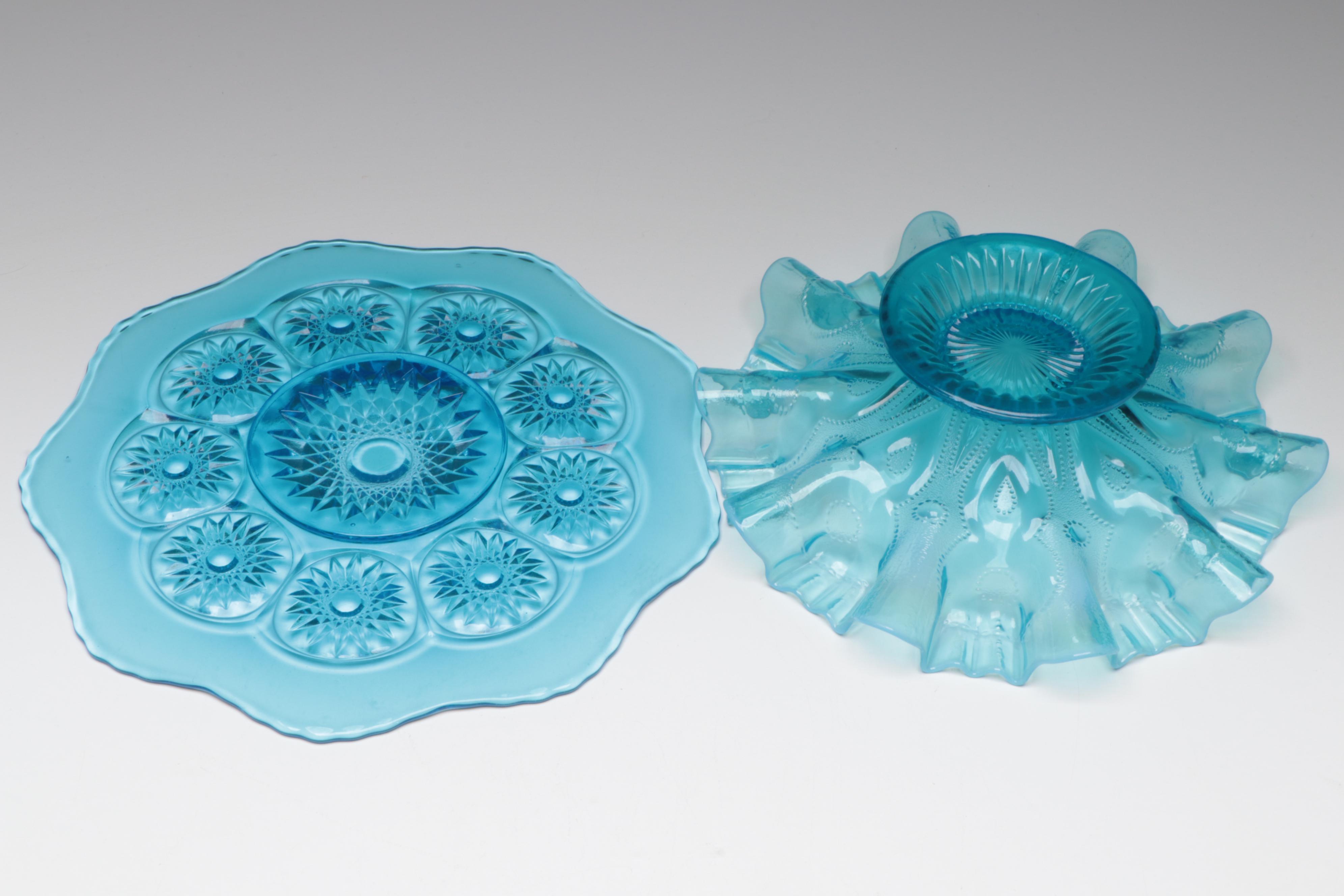 Blue Crackle Glass Vases and Pitchers with Other Glass Table Accessories