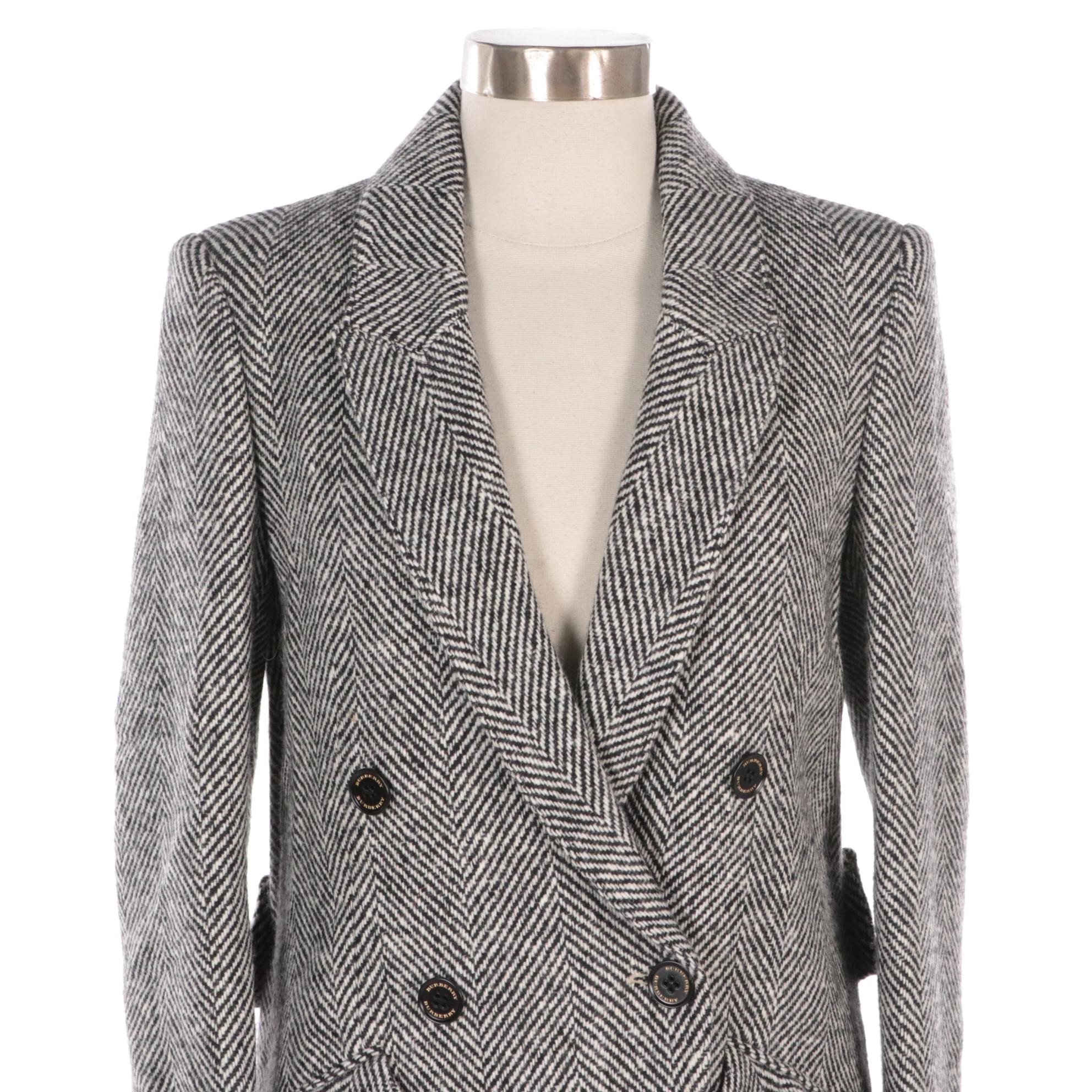 Burberry B&W Herringbone Wool Ruffled Pocket Trench Coat