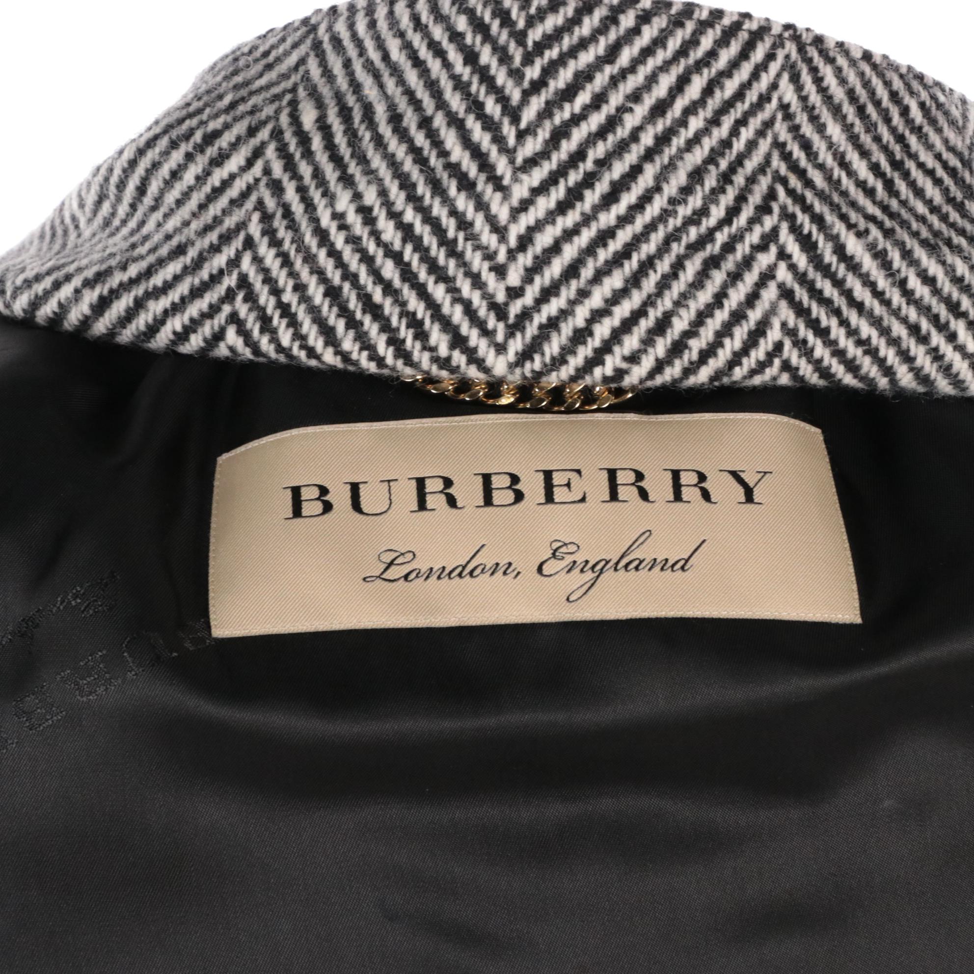 Burberry B&W Herringbone Wool Ruffled Pocket Trench Coat