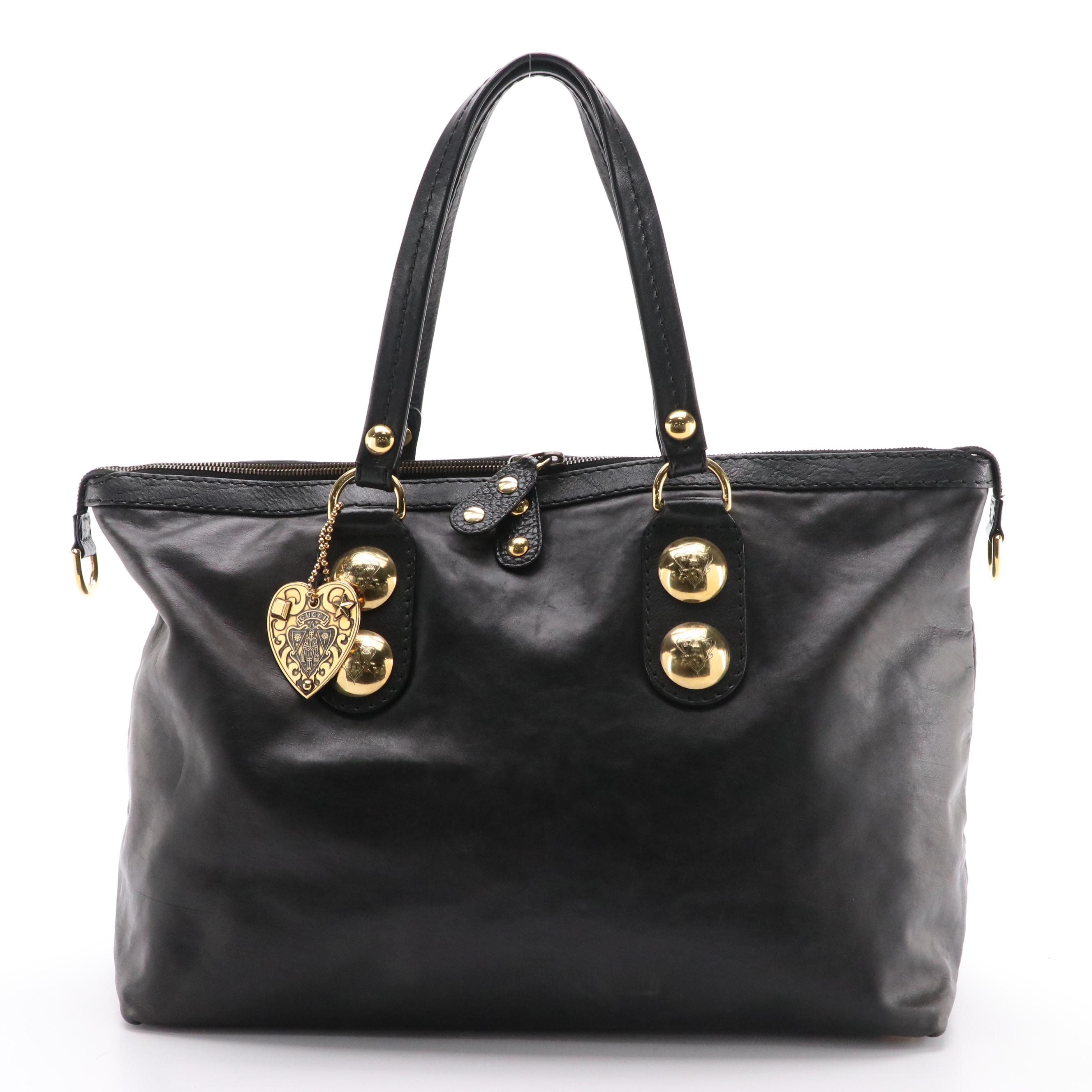 Gucci Babouska Tote Bag in Black Leather with Heart Crest Studded Charm