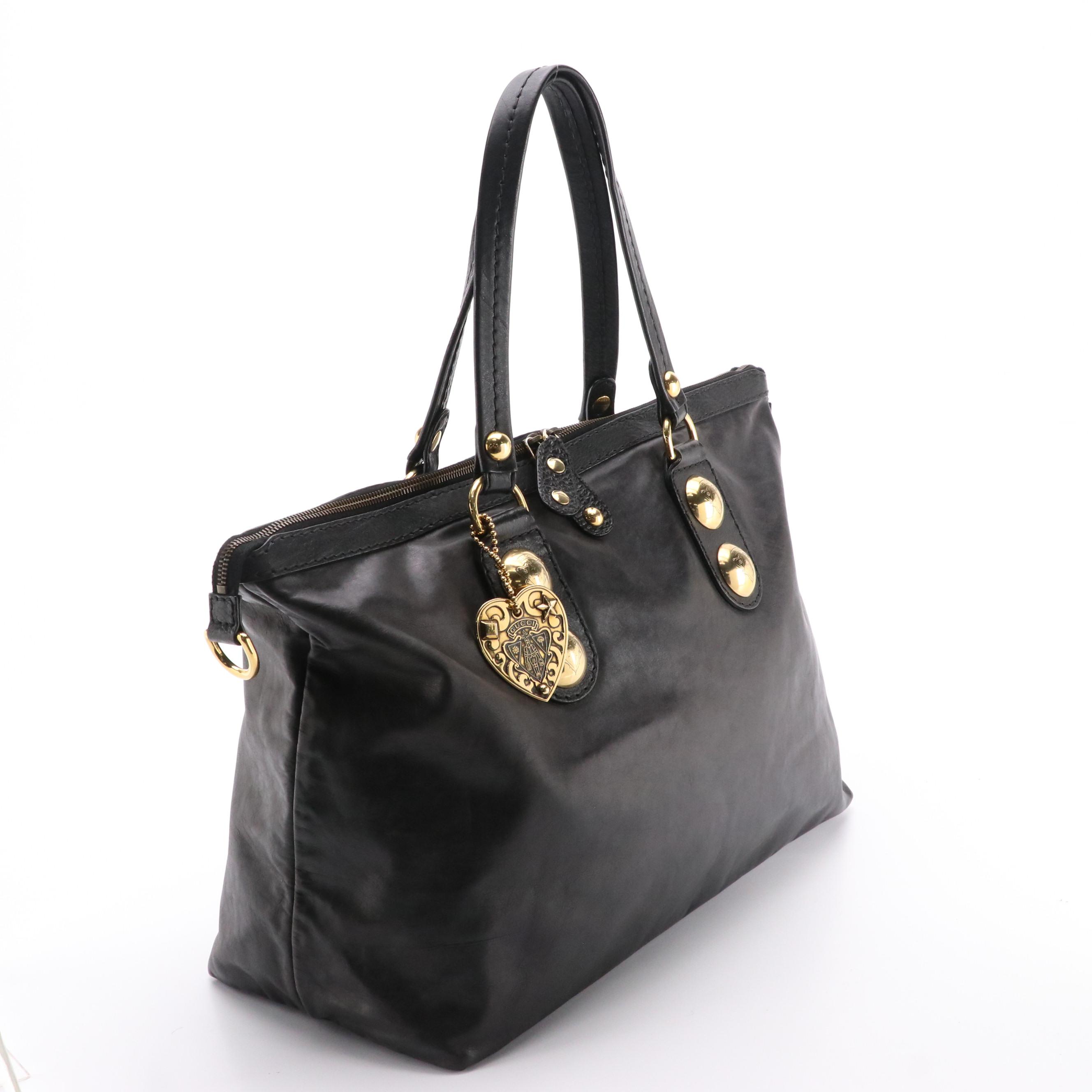 Gucci Babouska Tote Bag in Black Leather with Heart Crest Studded Charm