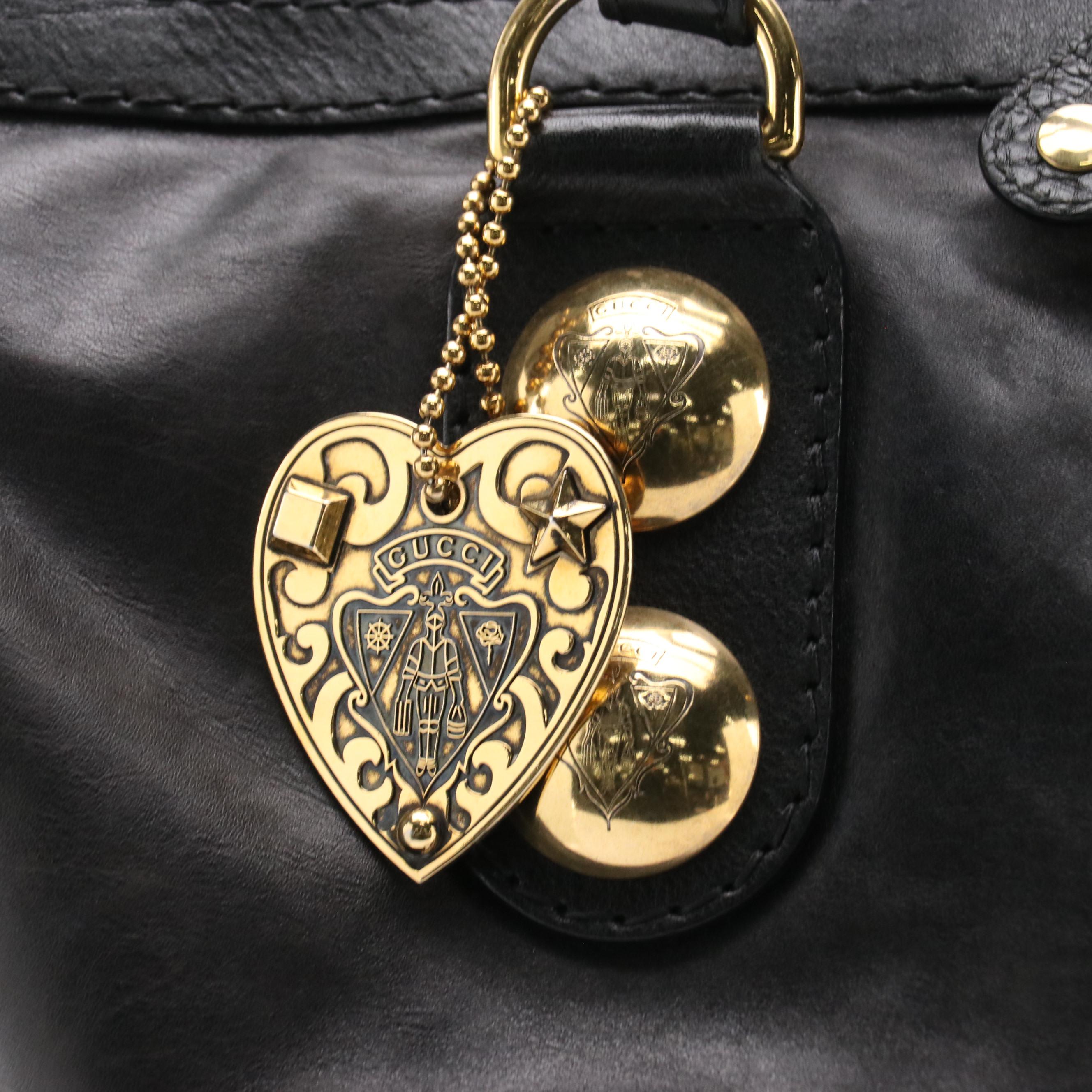 Gucci Babouska Tote Bag in Black Leather with Heart Crest Studded Charm