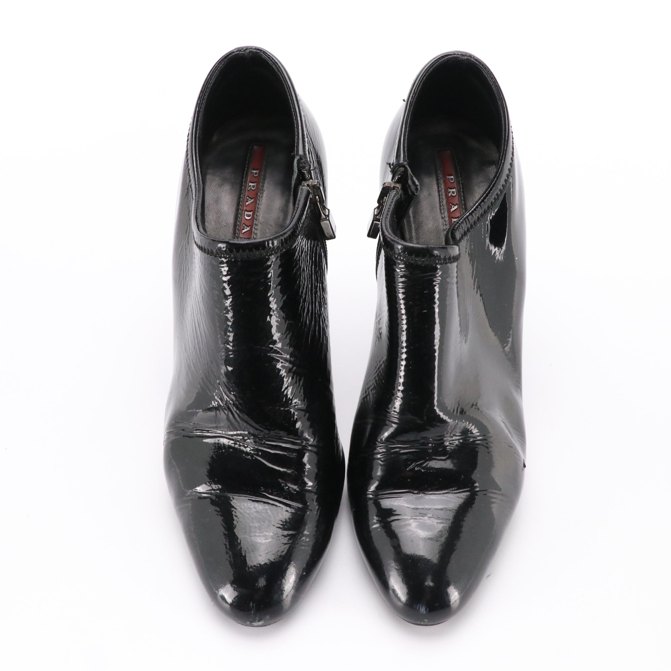 Prada Pointed-Toe Bootie Heels in Black Patent Leather