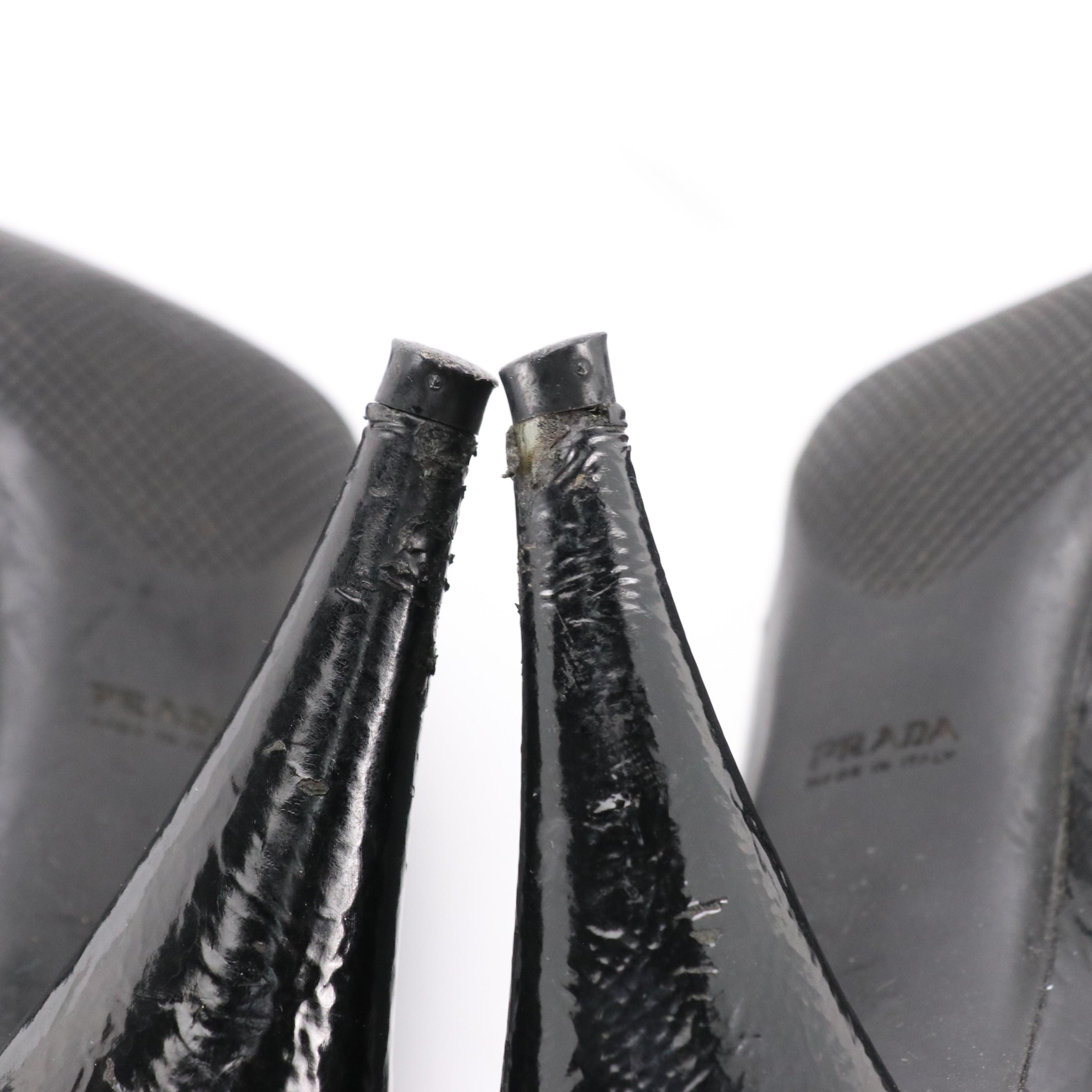 Prada Pointed-Toe Bootie Heels in Black Patent Leather