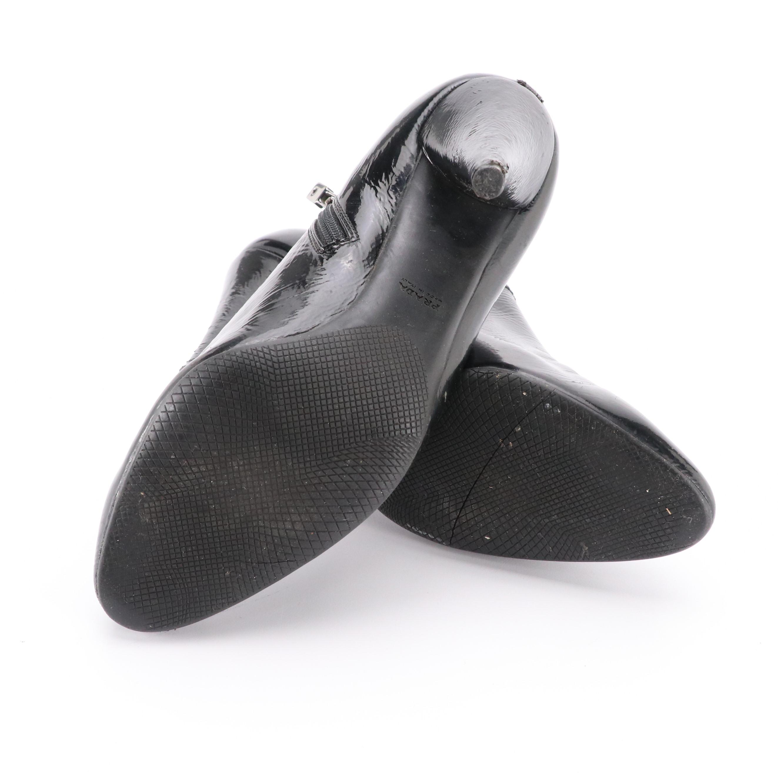 Prada Pointed-Toe Bootie Heels in Black Patent Leather