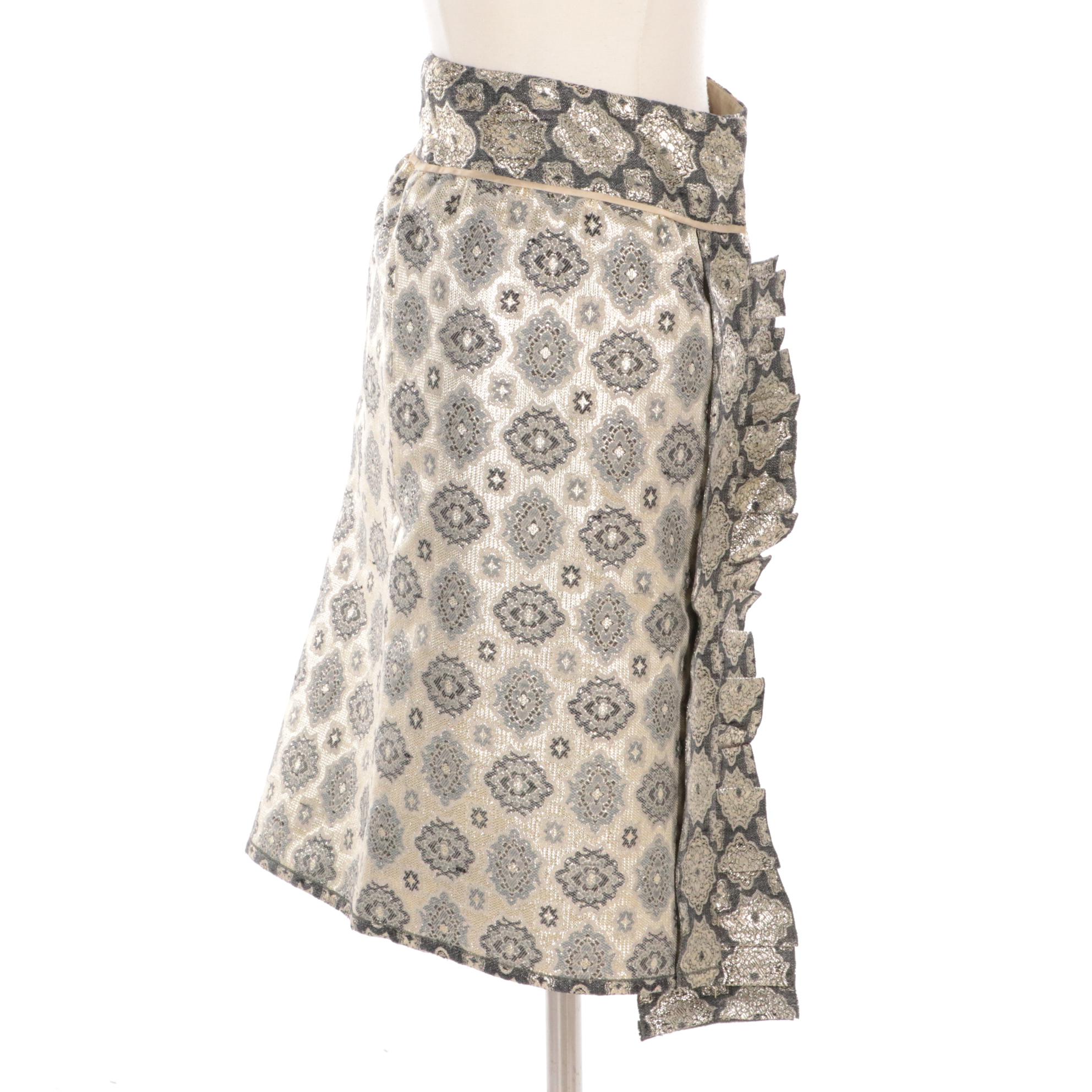 Prada Ruffled Silk Brocade Front Snap Flare Skirt