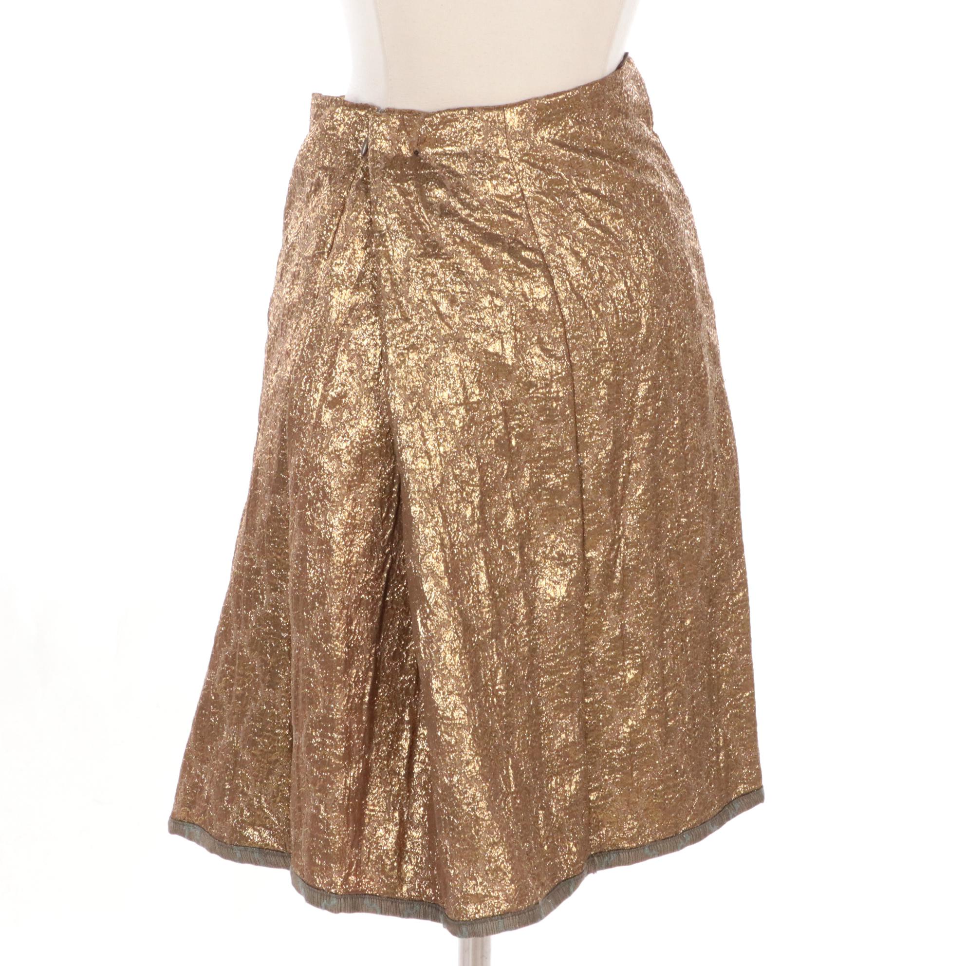 Prada Lamé Pleated Skirt in Gold Brocade, New With Tags