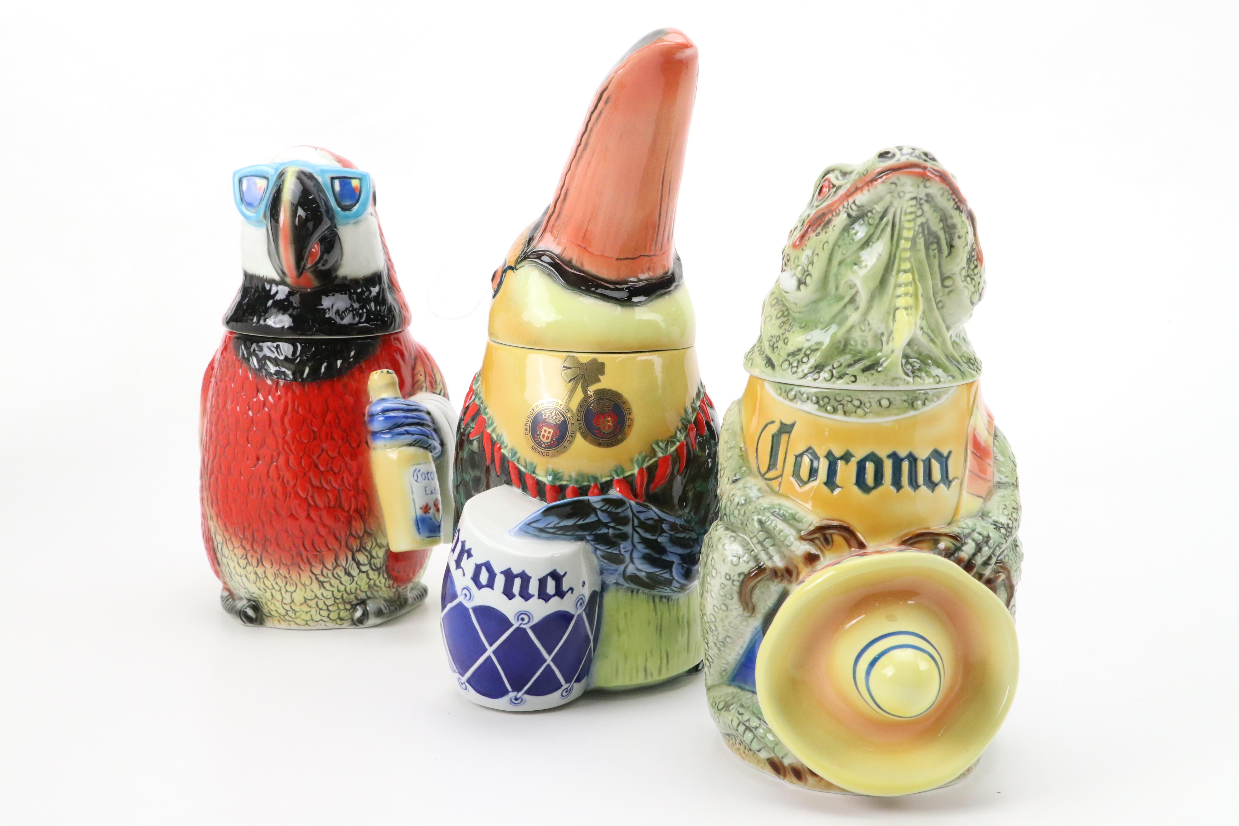 Tradex for Corona "Parrot", "Toucan" and "Iguana" and Budman Figural Beer Steins