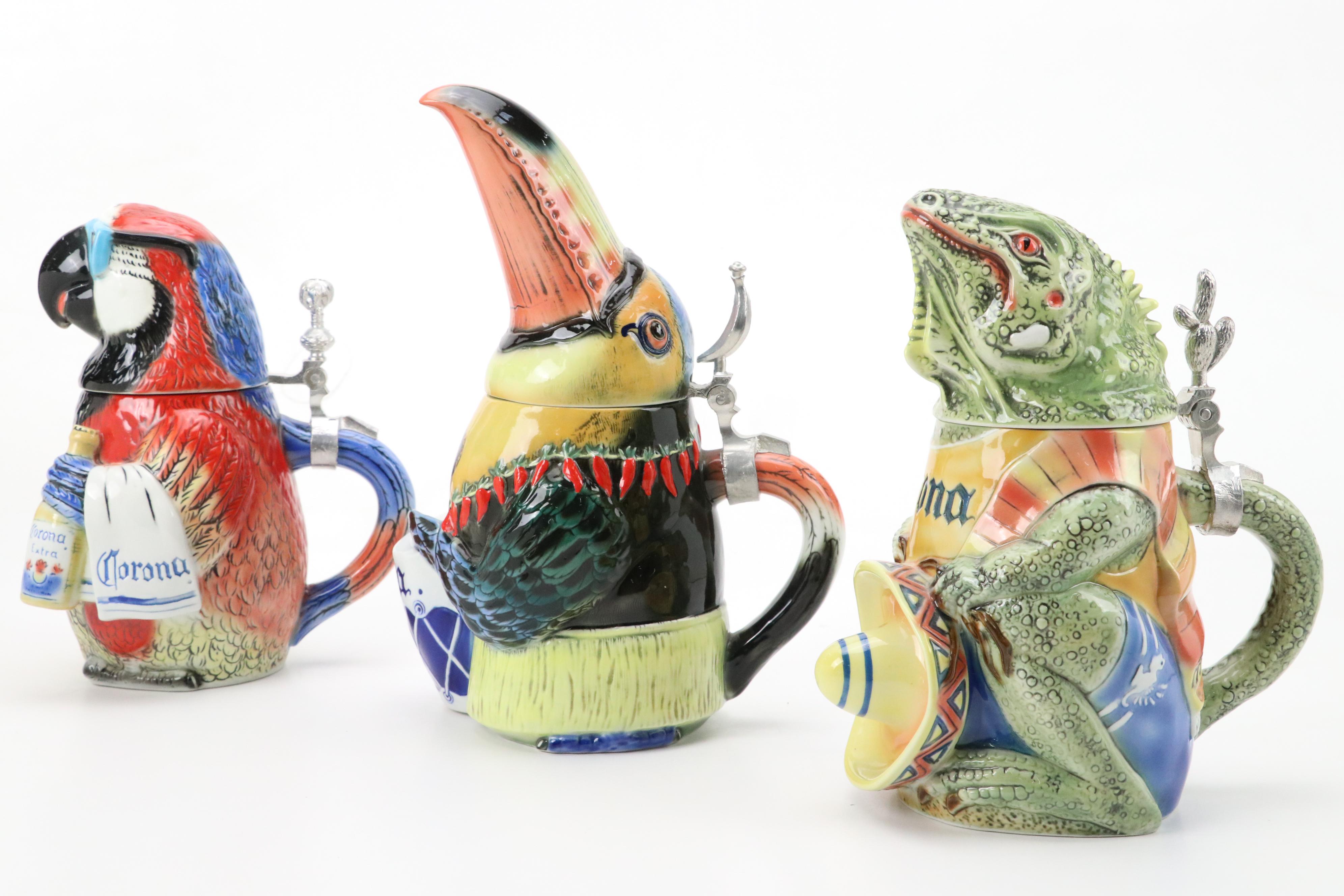 Tradex for Corona "Parrot", "Toucan" and "Iguana" and Budman Figural Beer Steins