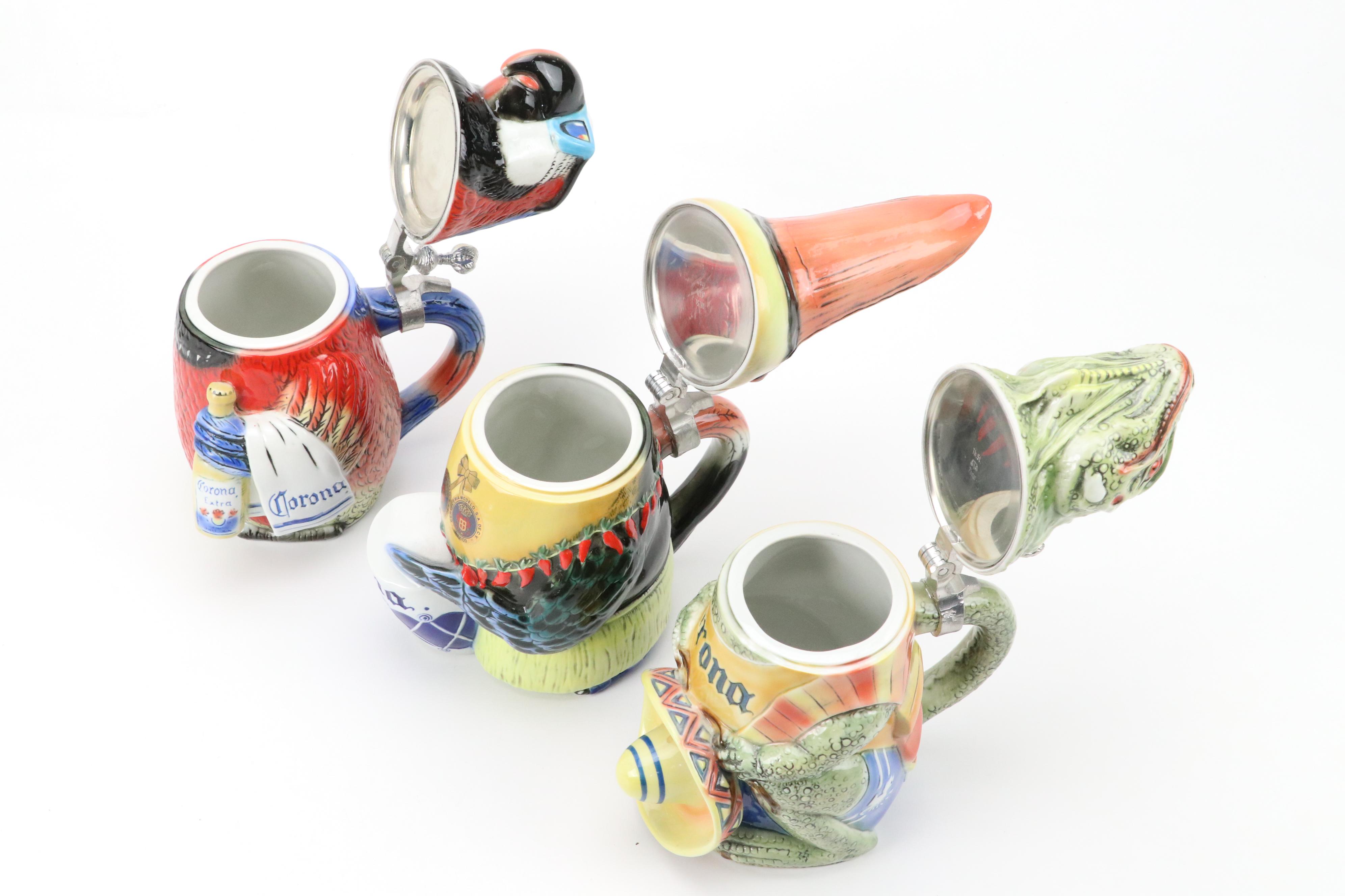 Tradex for Corona "Parrot", "Toucan" and "Iguana" and Budman Figural Beer Steins