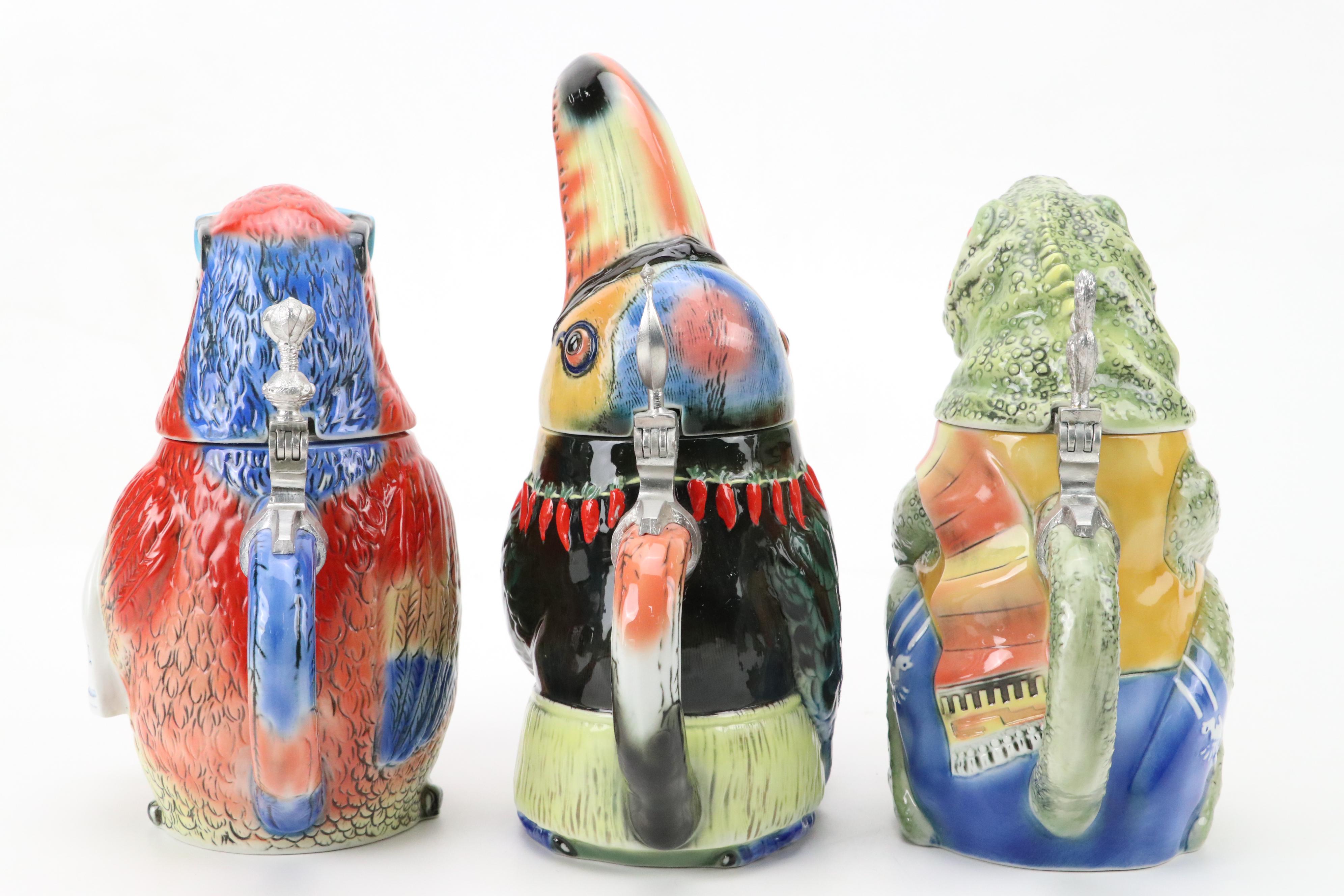 Tradex for Corona "Parrot", "Toucan" and "Iguana" and Budman Figural Beer Steins