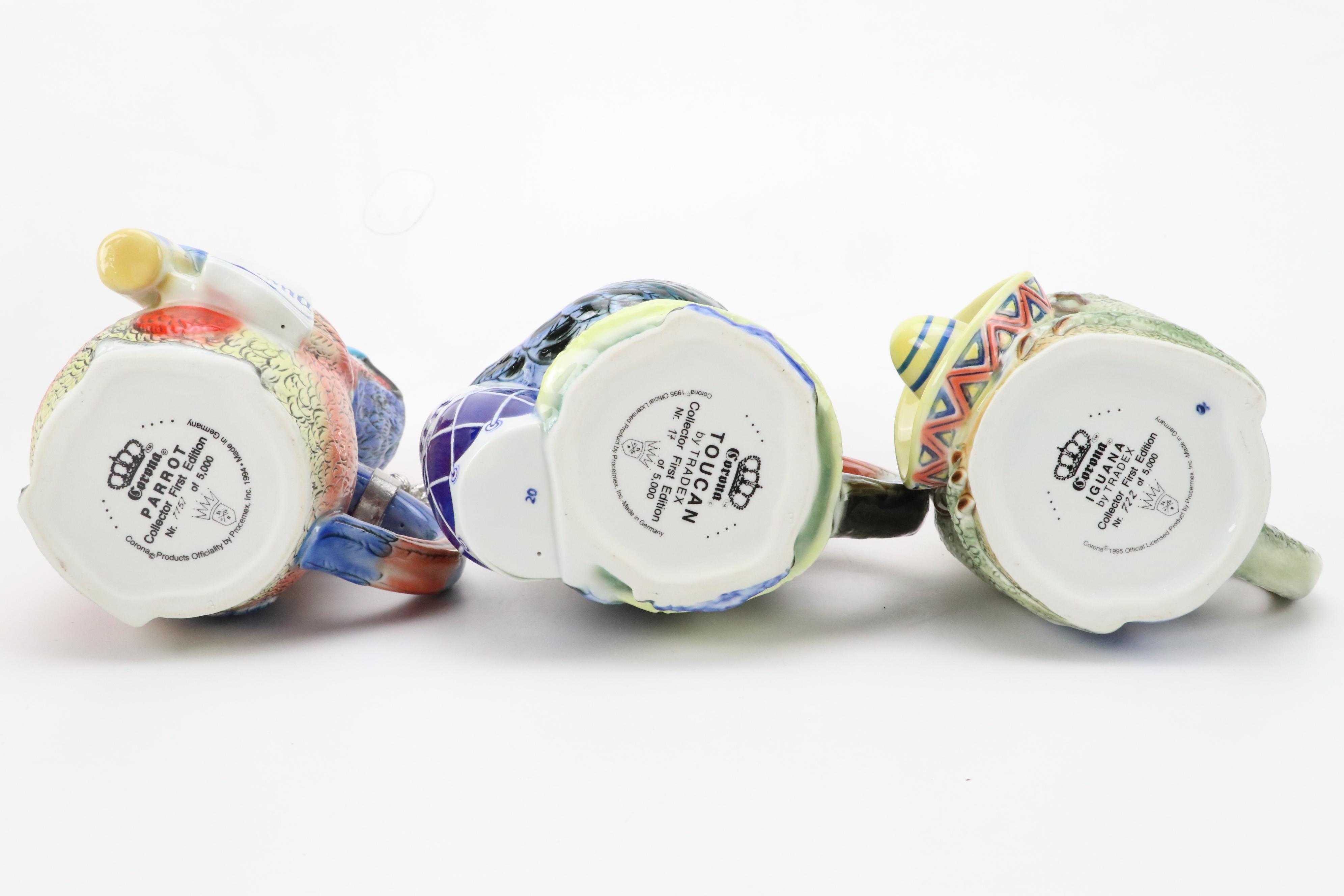 Tradex for Corona "Parrot", "Toucan" and "Iguana" and Budman Figural Beer Steins