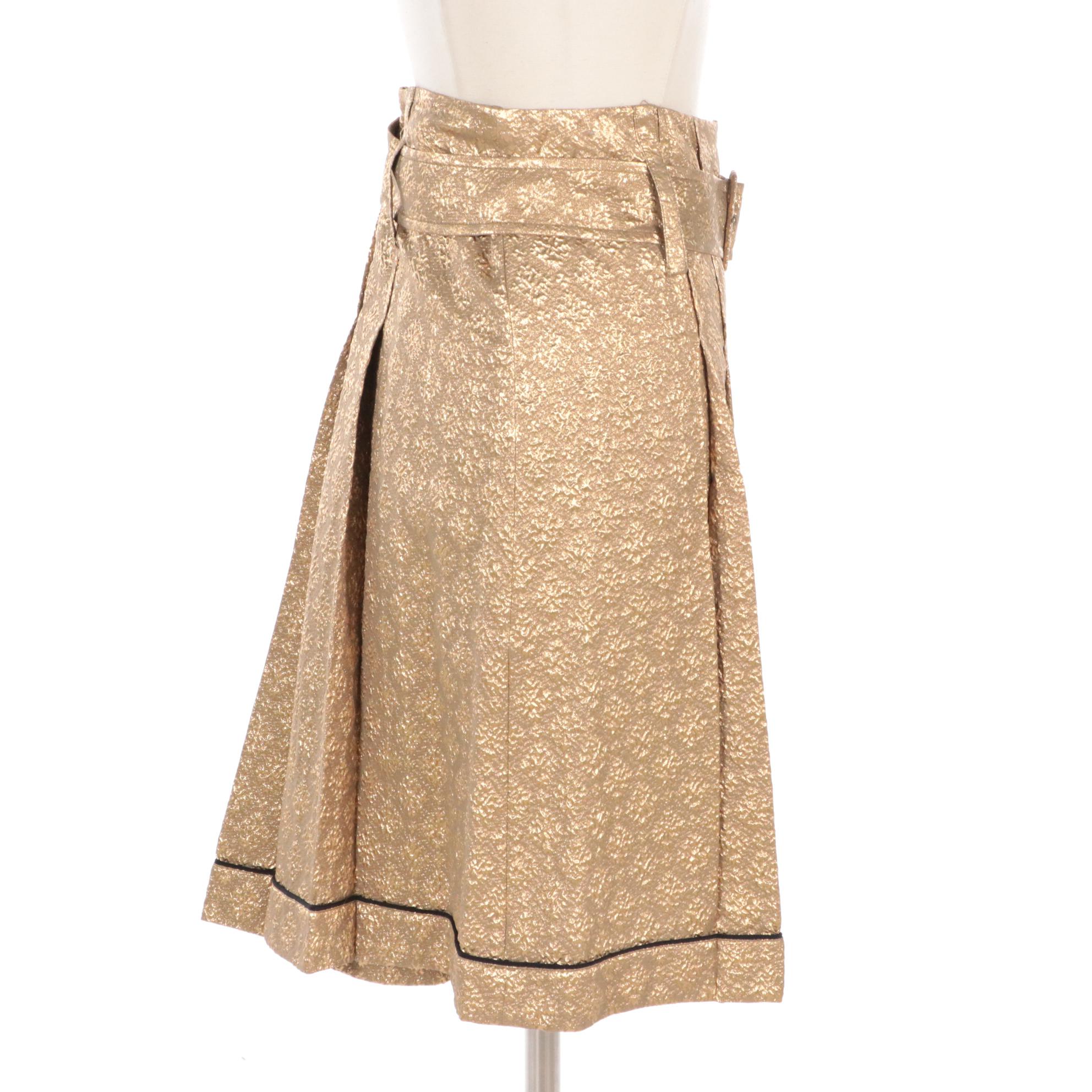 Prada Gold Silk Brocade Pleated Flare Skirt