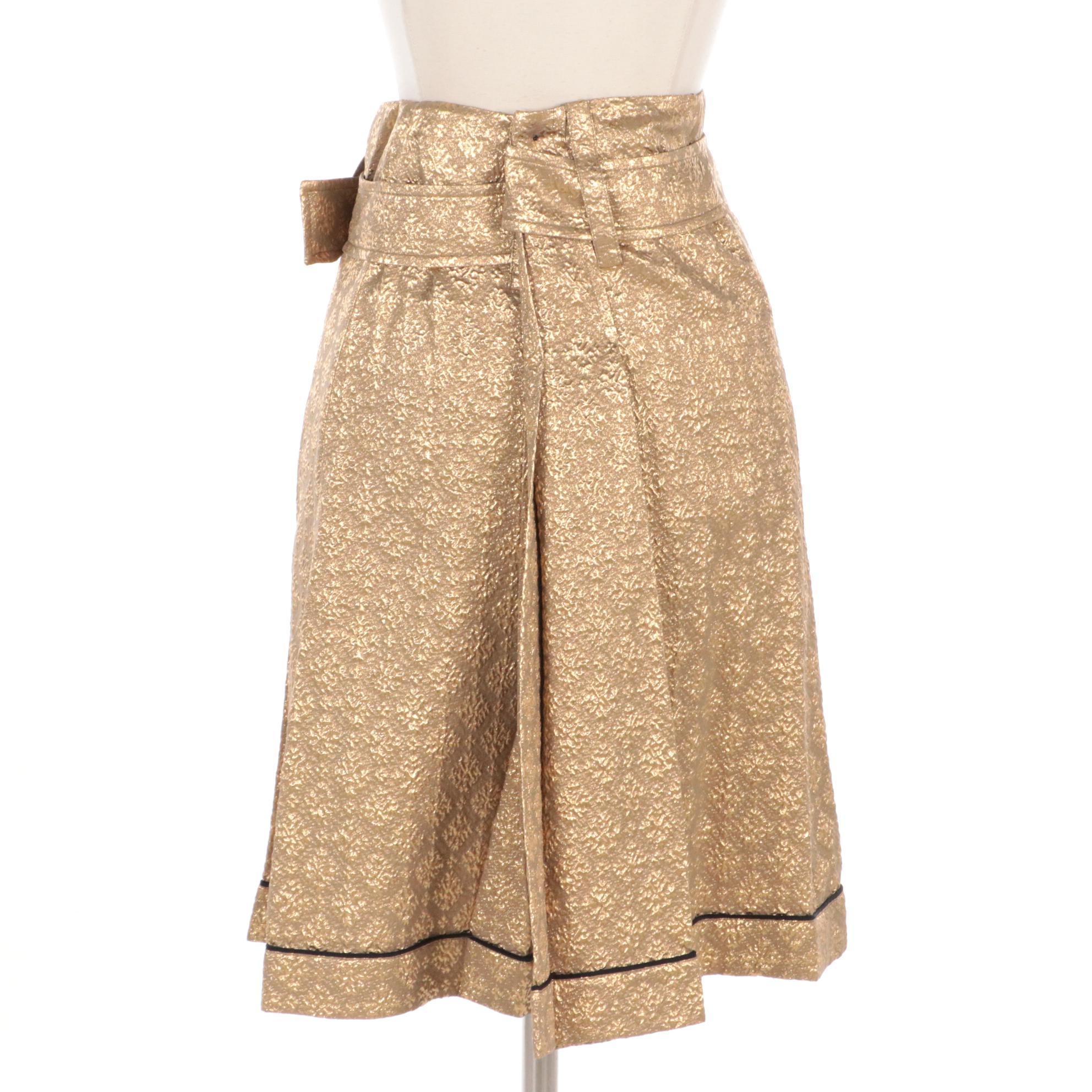 Prada Gold Silk Brocade Pleated Flare Skirt