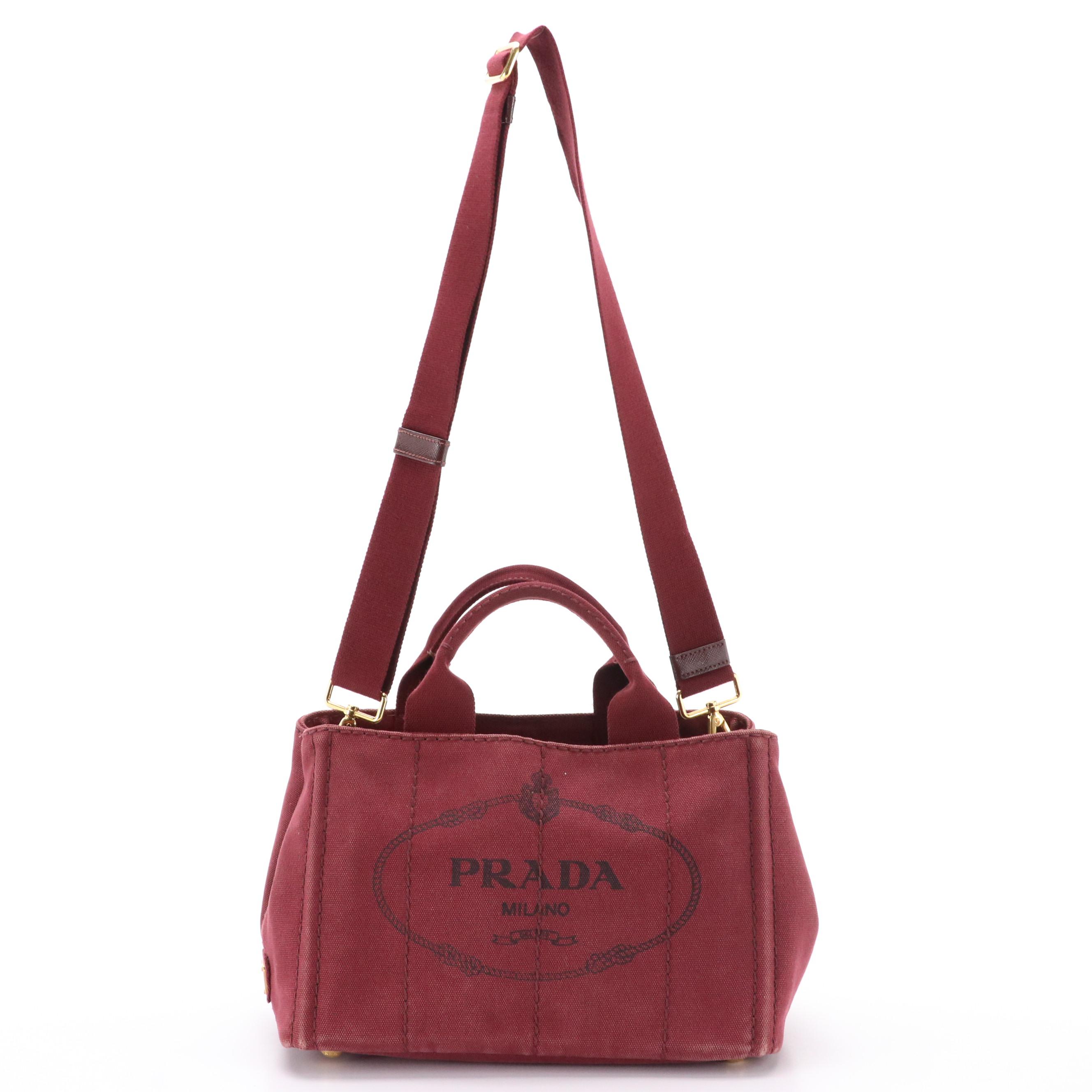 Prada Canapa Logo Two-Way Tote Bag in Maroon Canvas