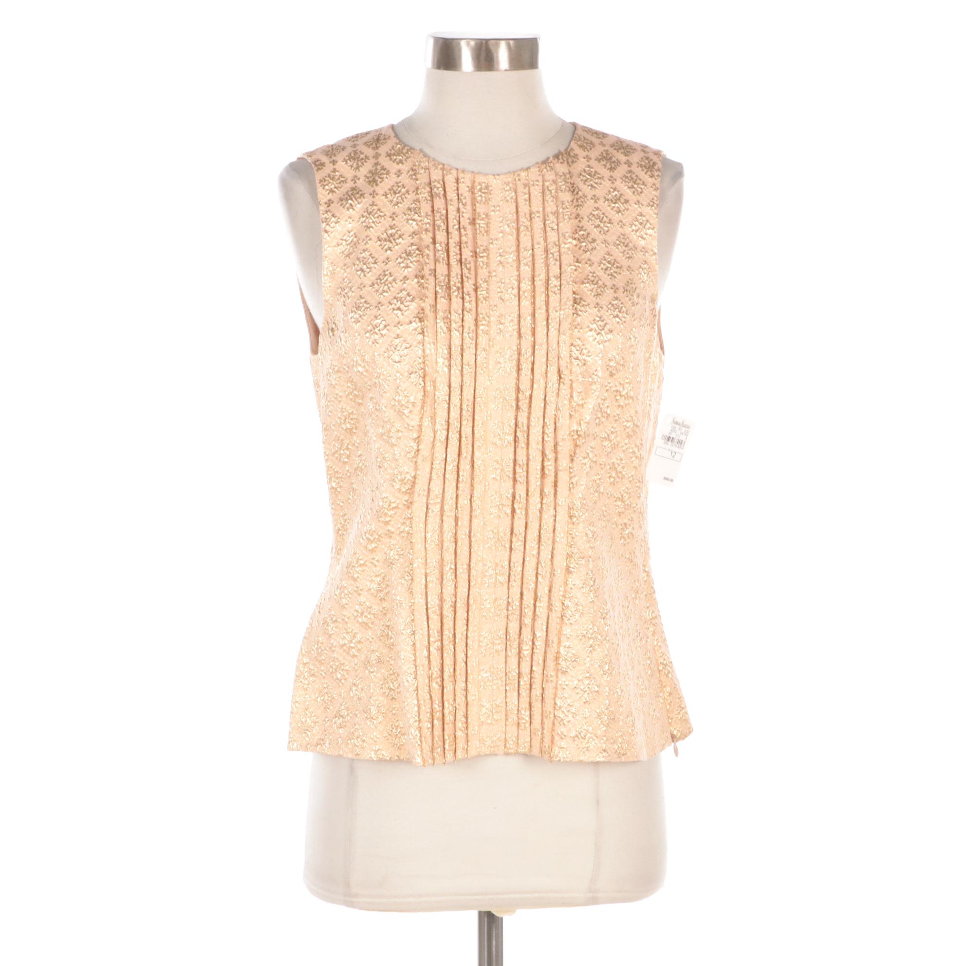 Prada Pleated Silk Sleeveless Blouse with Gold Motifs, New With Tags