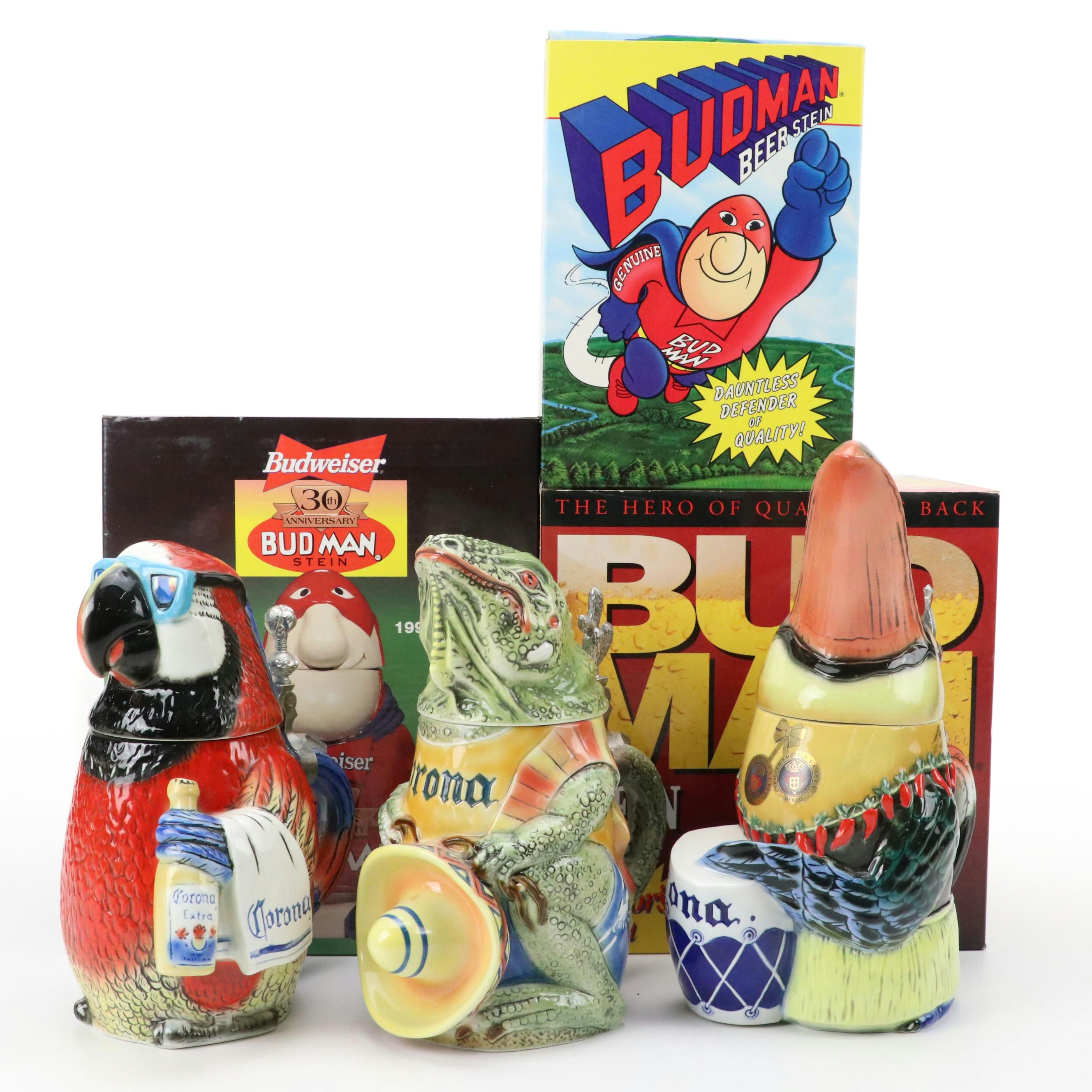 Tradex for Corona "Parrot", "Toucan" and "Iguana" and Budman Figural Beer Steins