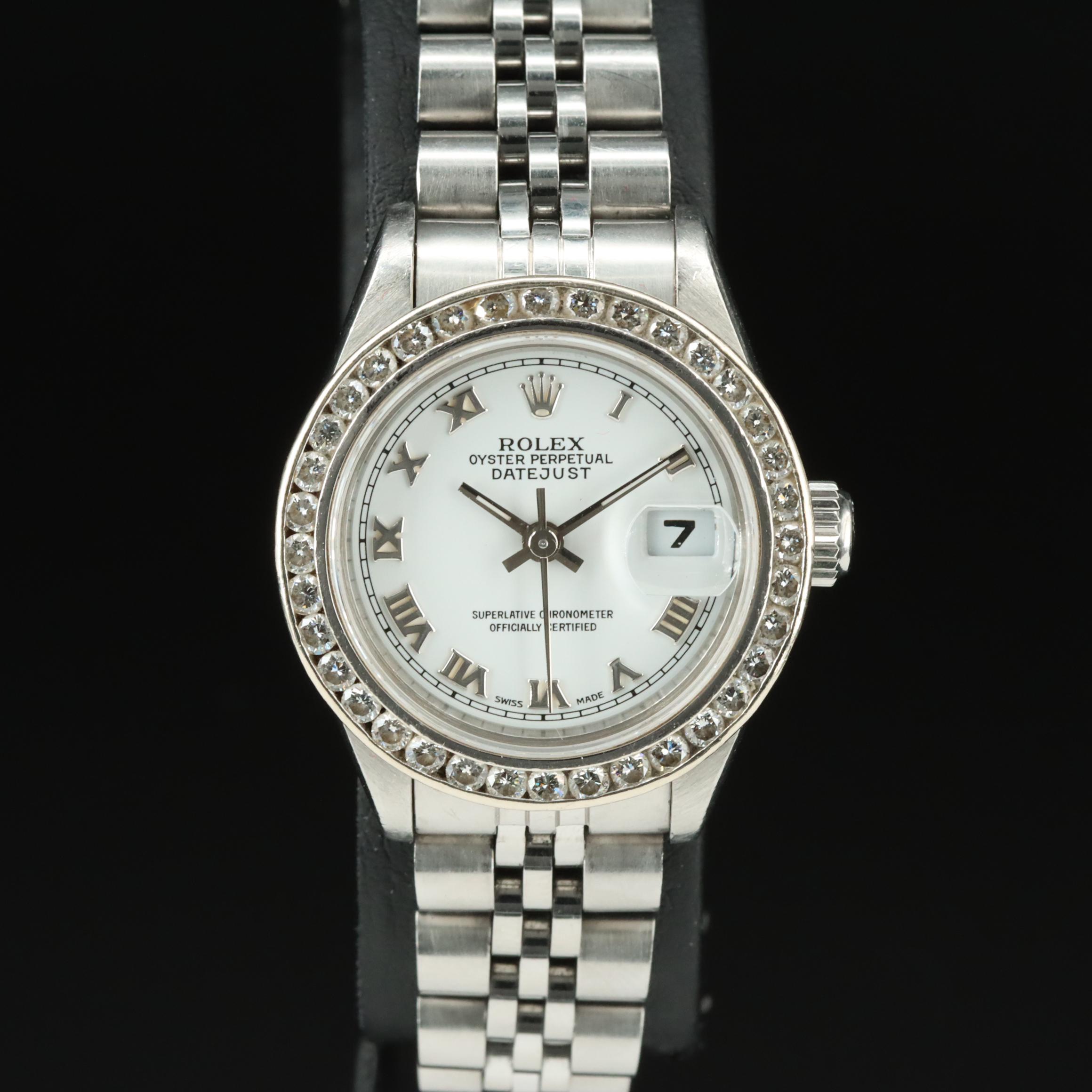 1995 Rolex Custom Diamond Bezel White Roman Dial Datejust Watch