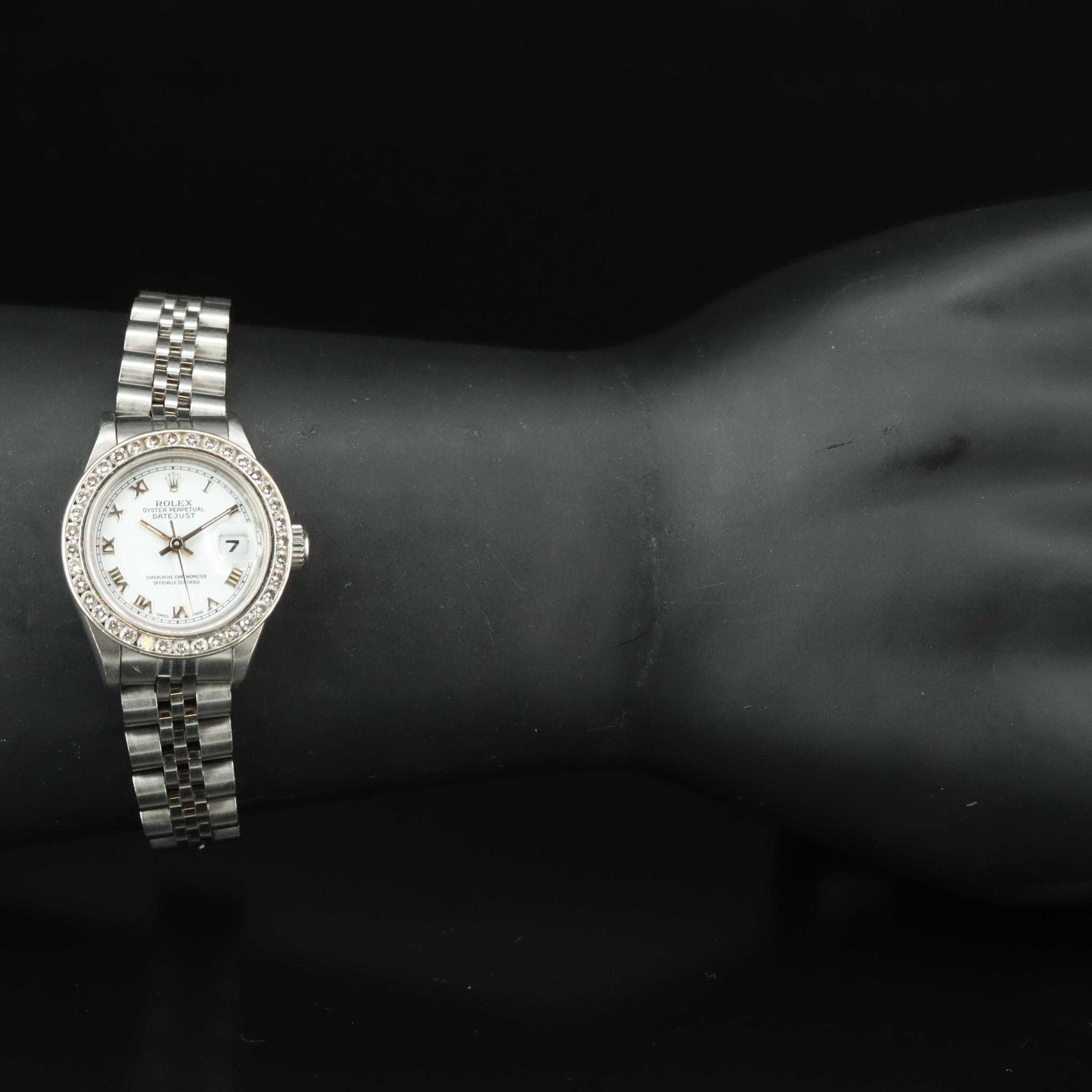 1995 Rolex Custom Diamond Bezel White Roman Dial Datejust Watch