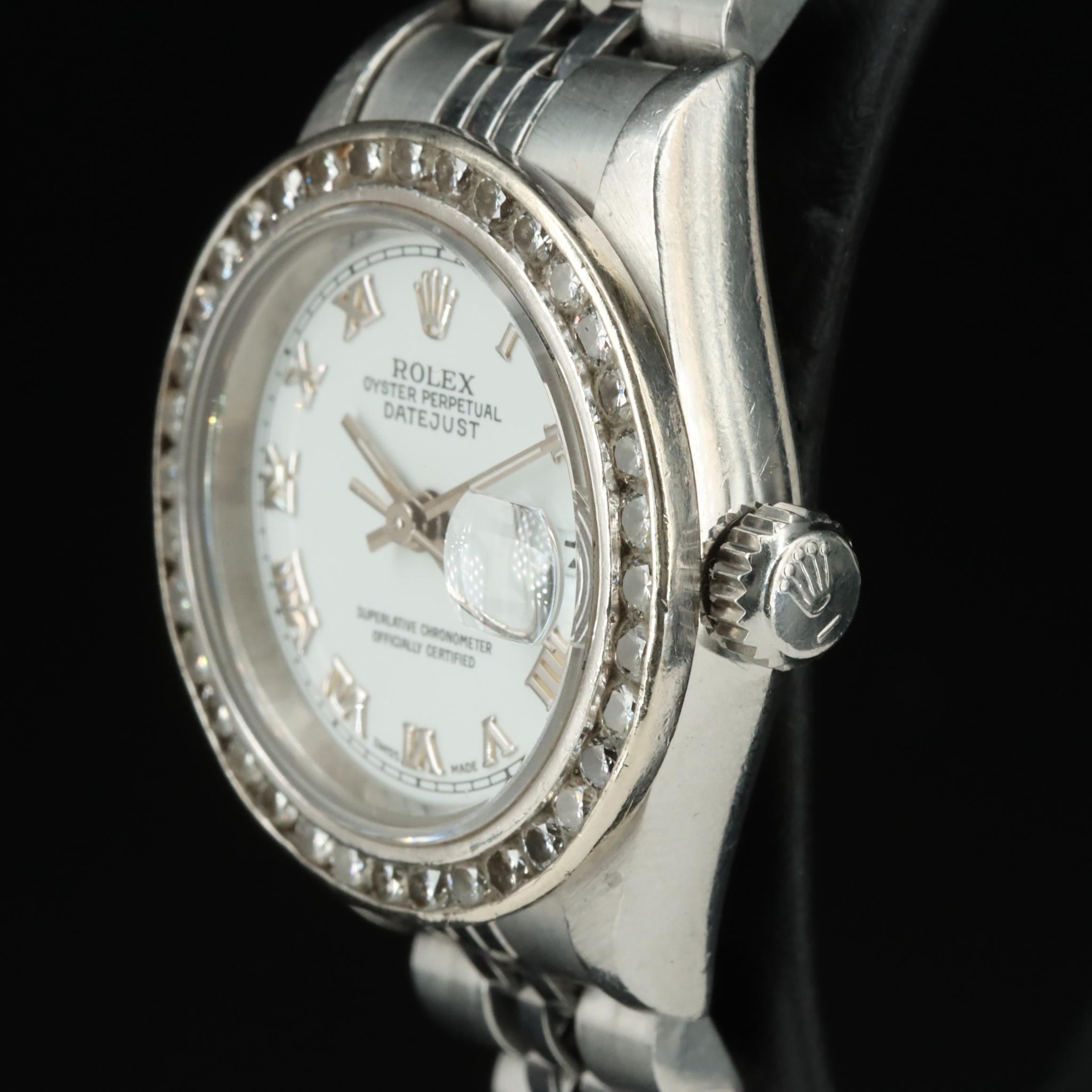 1995 Rolex Custom Diamond Bezel White Roman Dial Datejust Watch