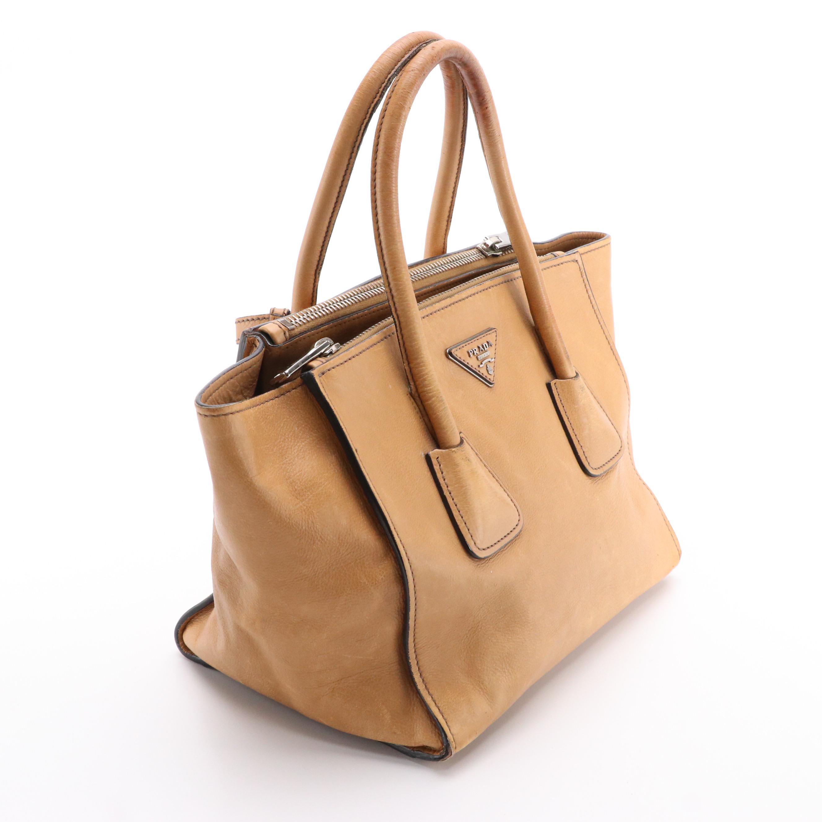 Prada Double Zip Handbag in Natural Glace Calf Leather