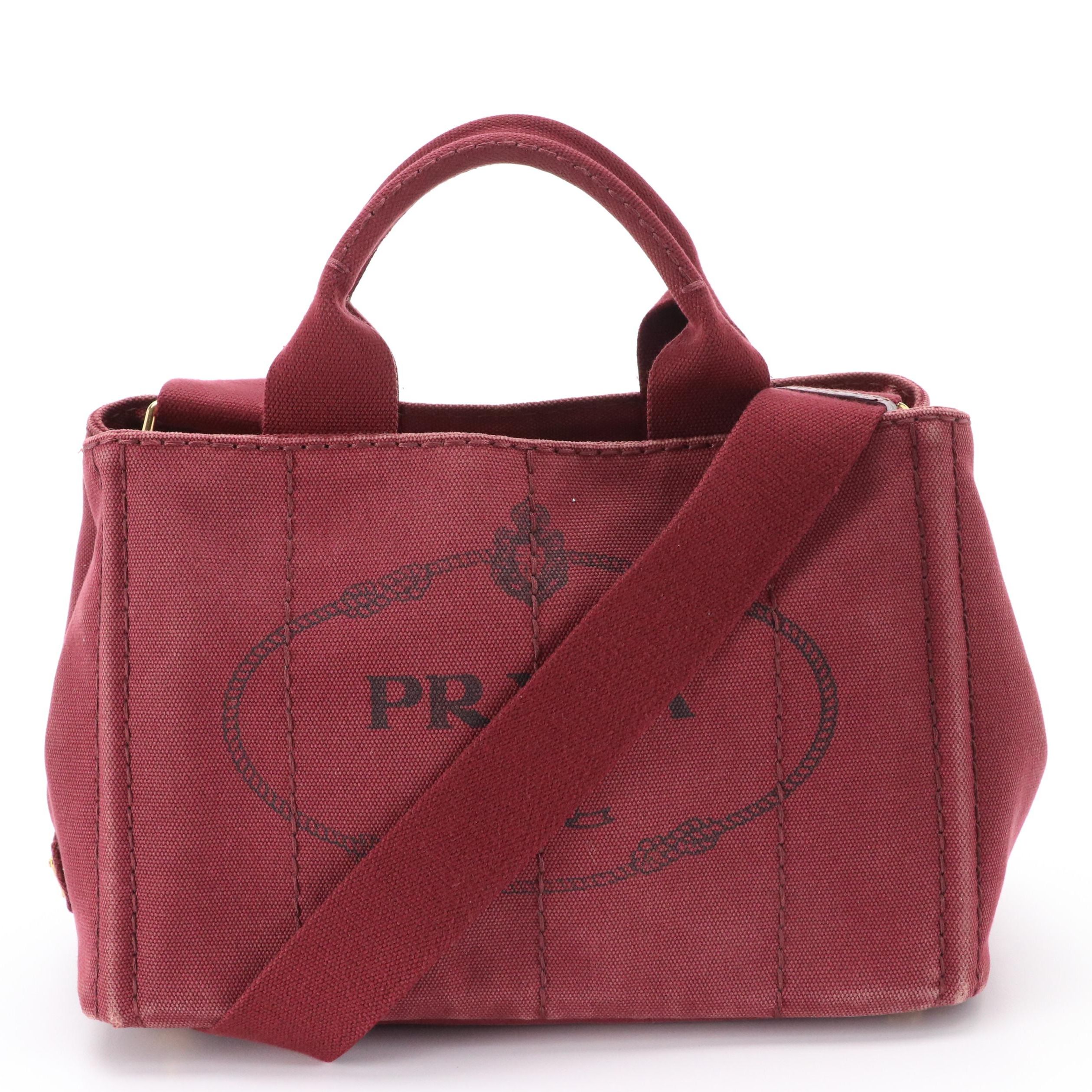 Prada Canapa Logo Two-Way Tote Bag in Maroon Canvas