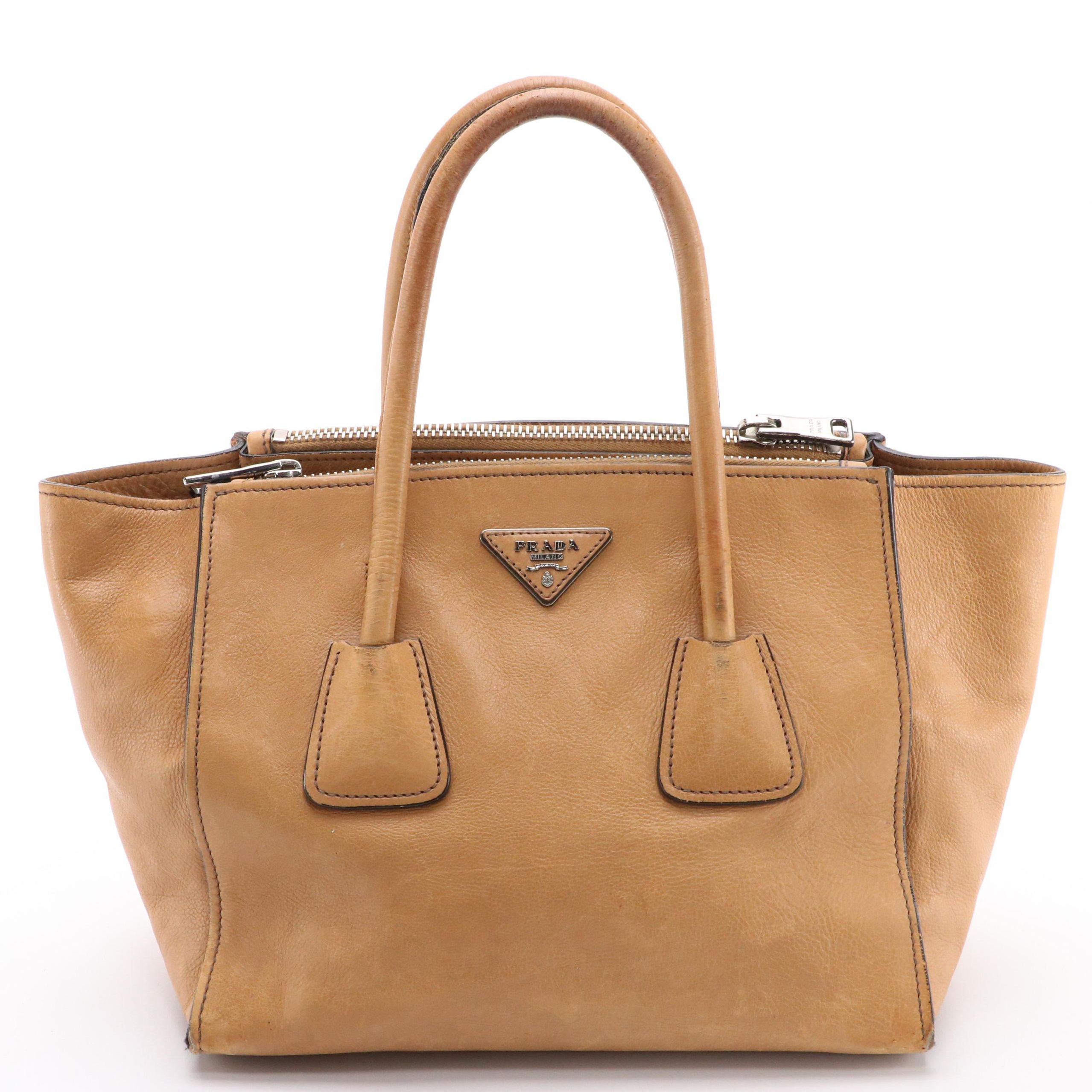 Prada Double Zip Handbag in Natural Glace Calf Leather