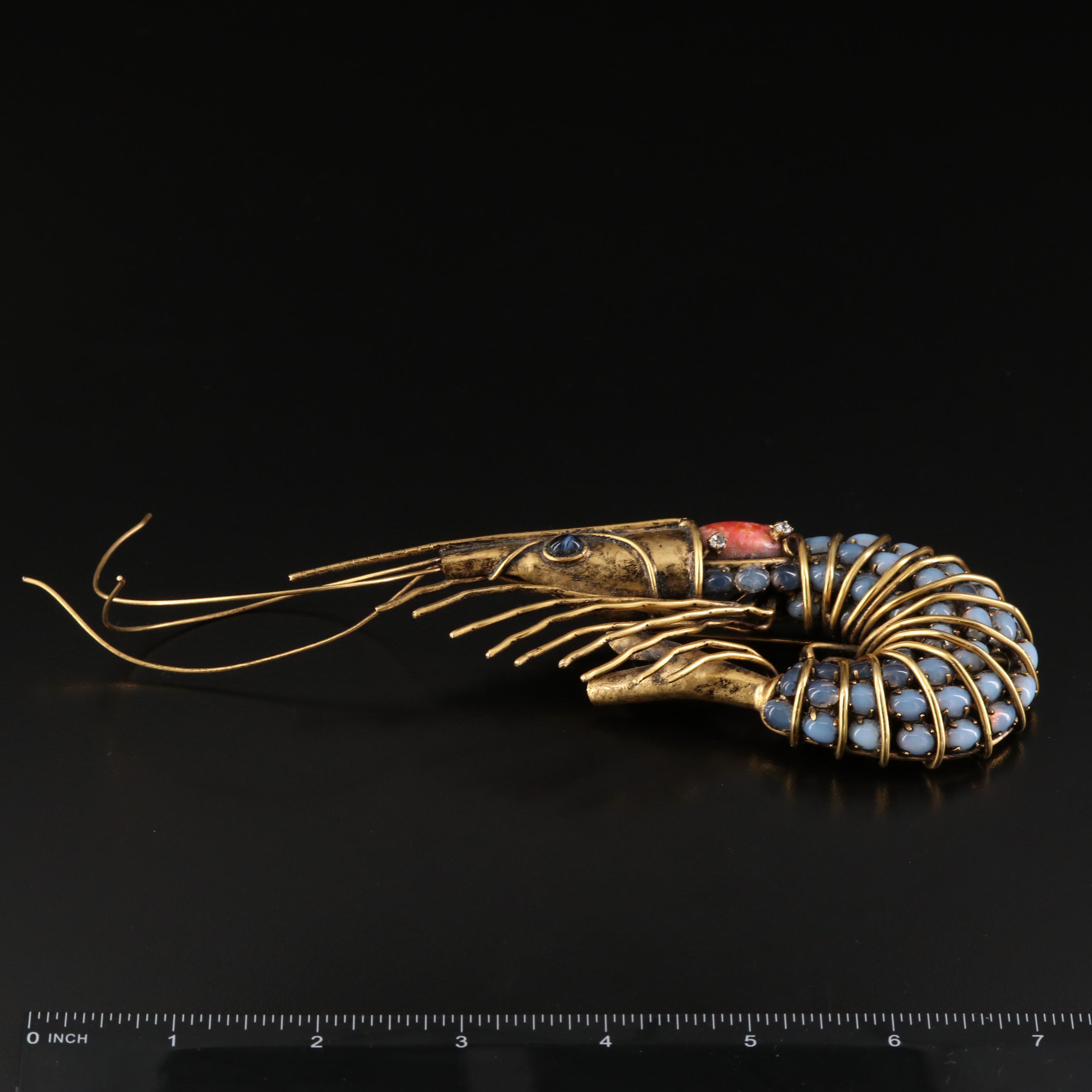 Iradj Moini Opalescent Glass and Rhinestone Large Scale Prawn Brooch