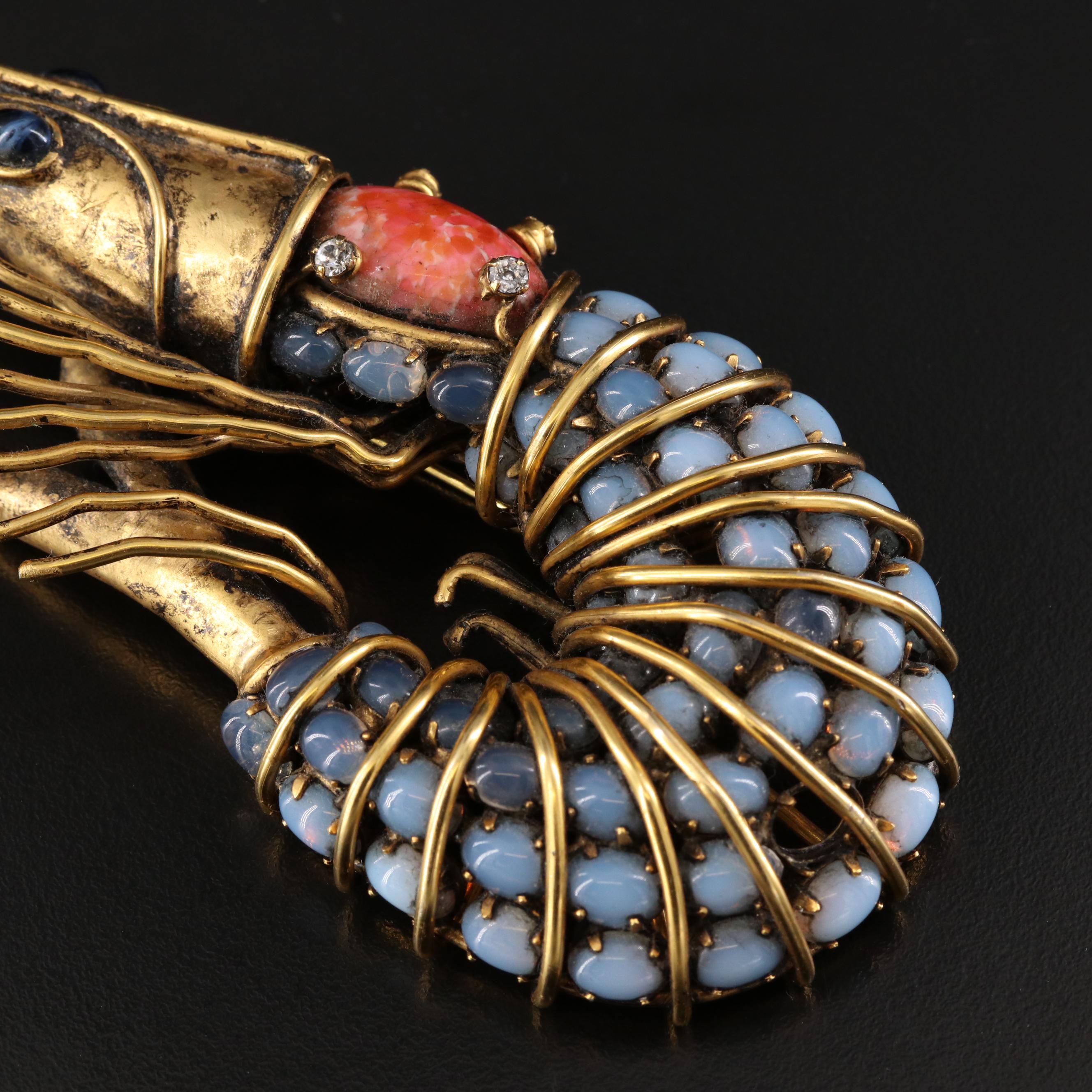 Iradj Moini Opalescent Glass and Rhinestone Large Scale Prawn Brooch