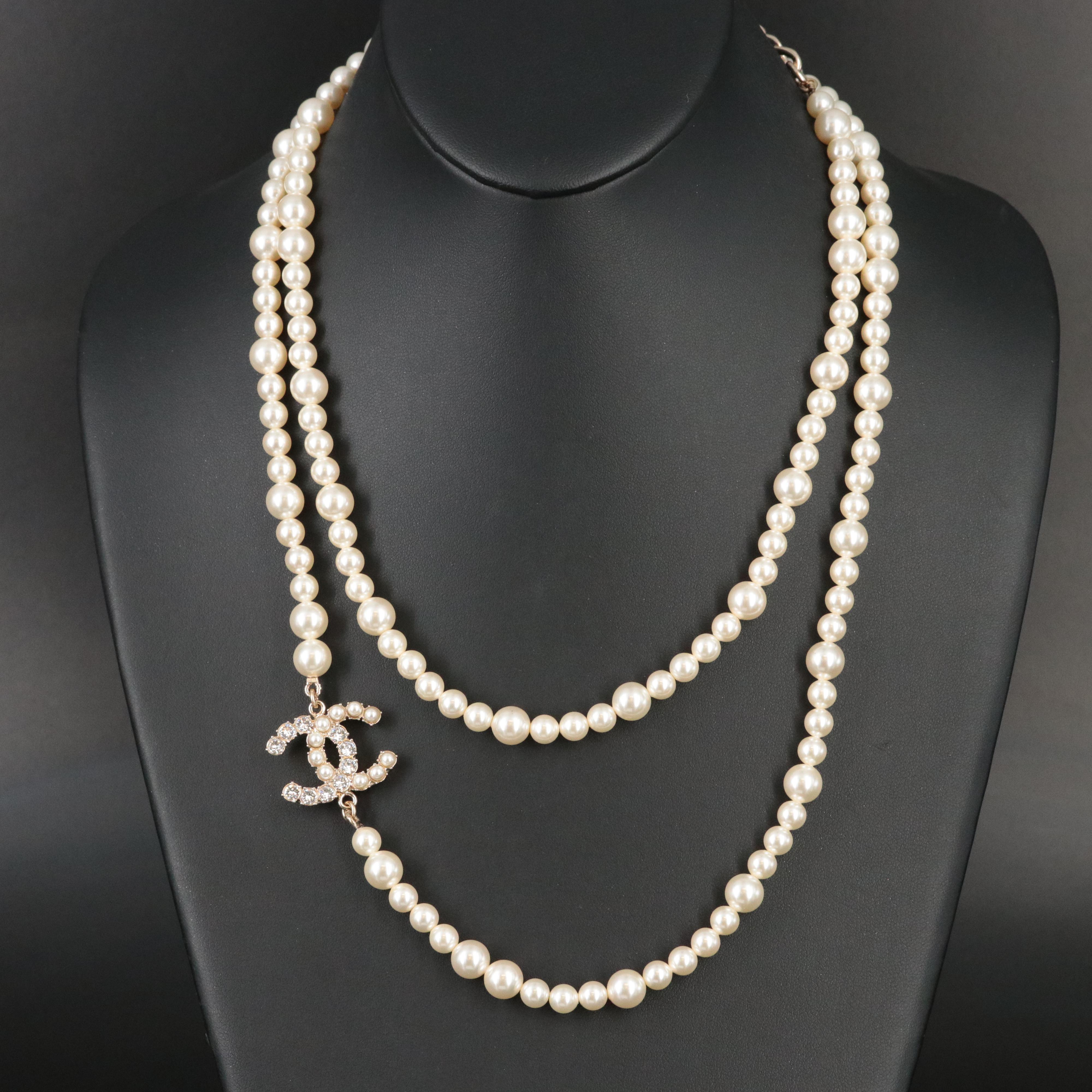 Chanel CC Logo Long Faux Pearl and Crystal Necklace 2020