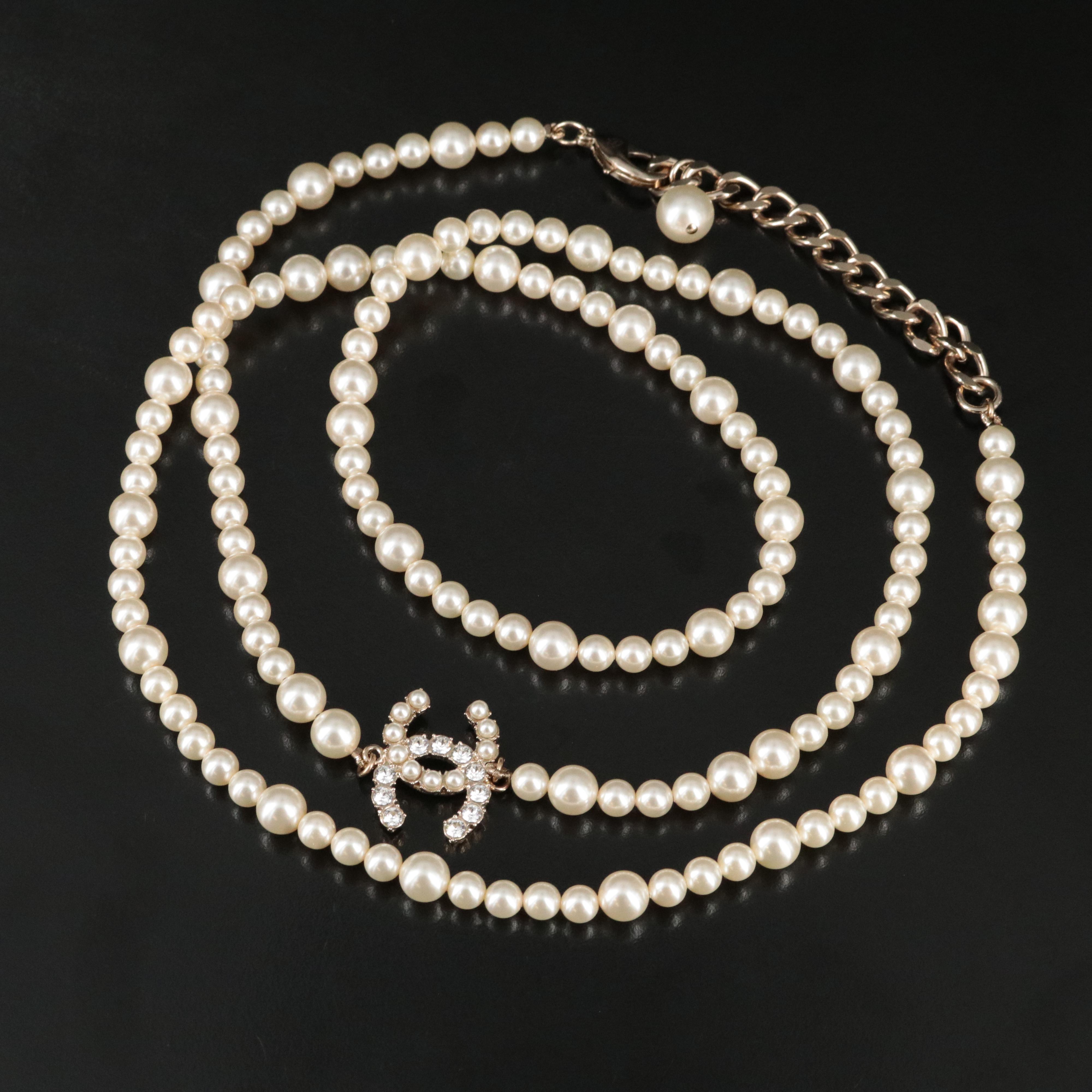 Chanel CC Logo Long Faux Pearl and Crystal Necklace 2020