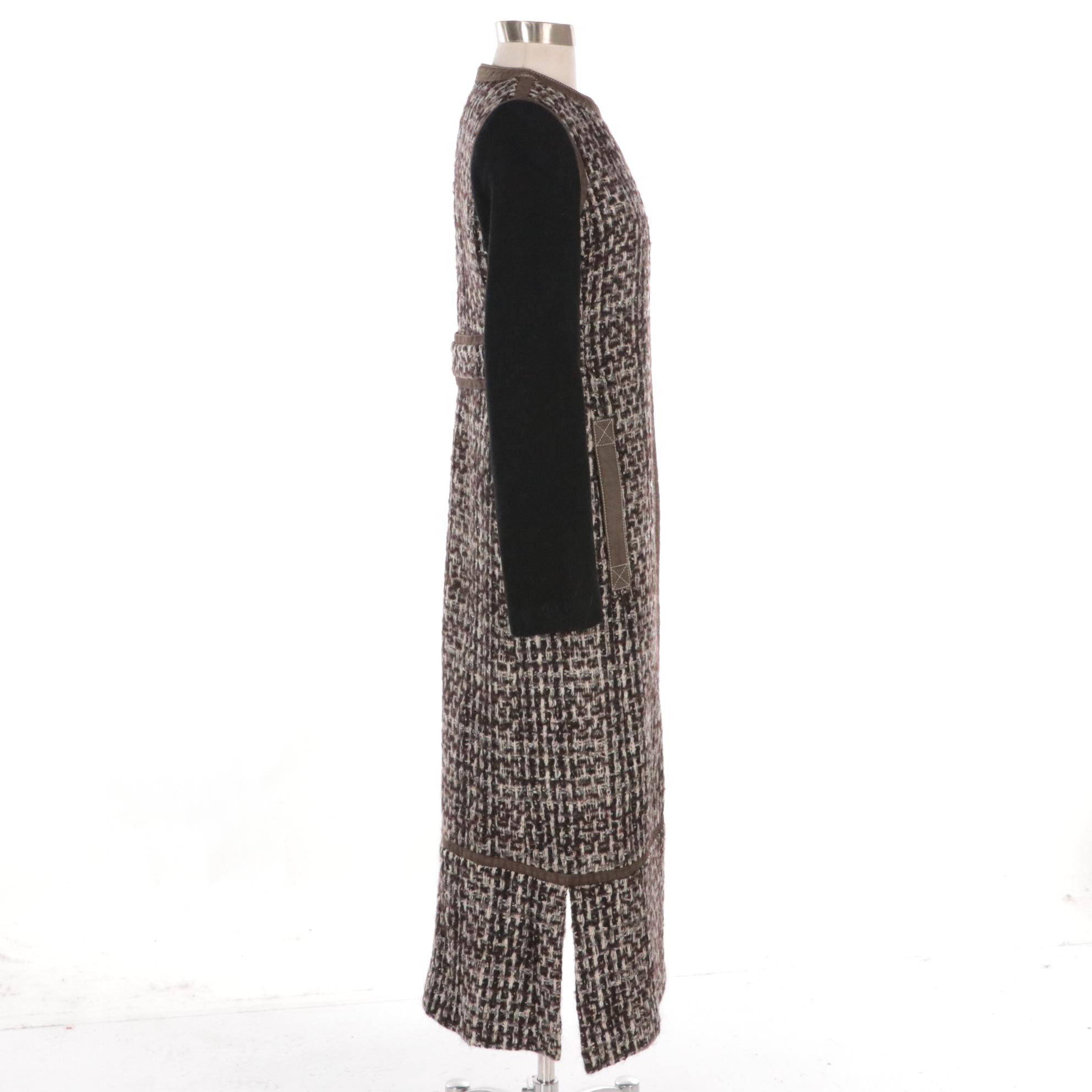 Tory Burch Tweed, Fleece, and Leather Snap-Front Coat with Buckle Detail