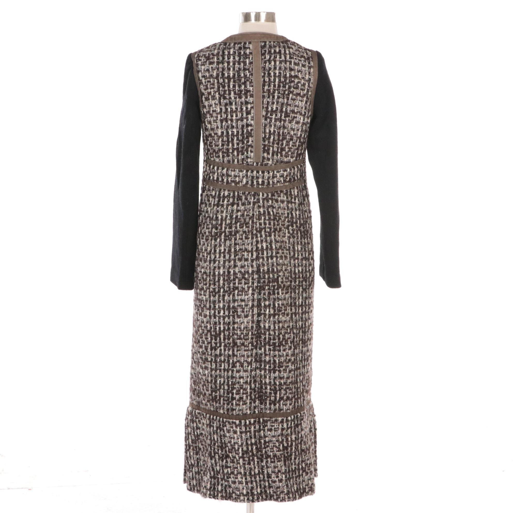 Tory Burch Tweed, Fleece, and Leather Snap-Front Coat with Buckle Detail