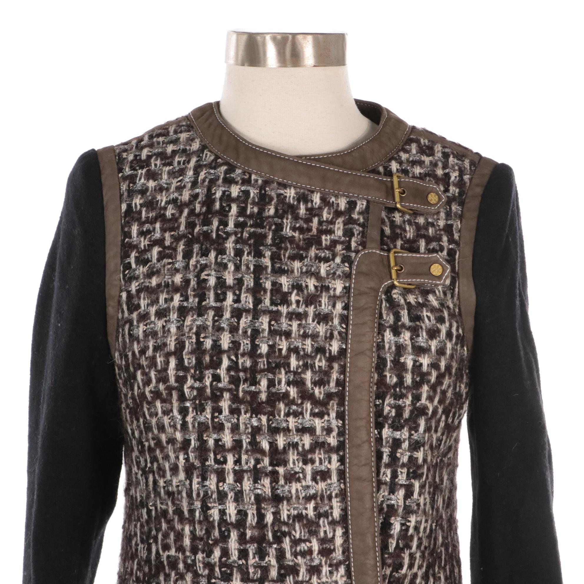 Tory Burch Tweed, Fleece, and Leather Snap-Front Coat with Buckle Detail