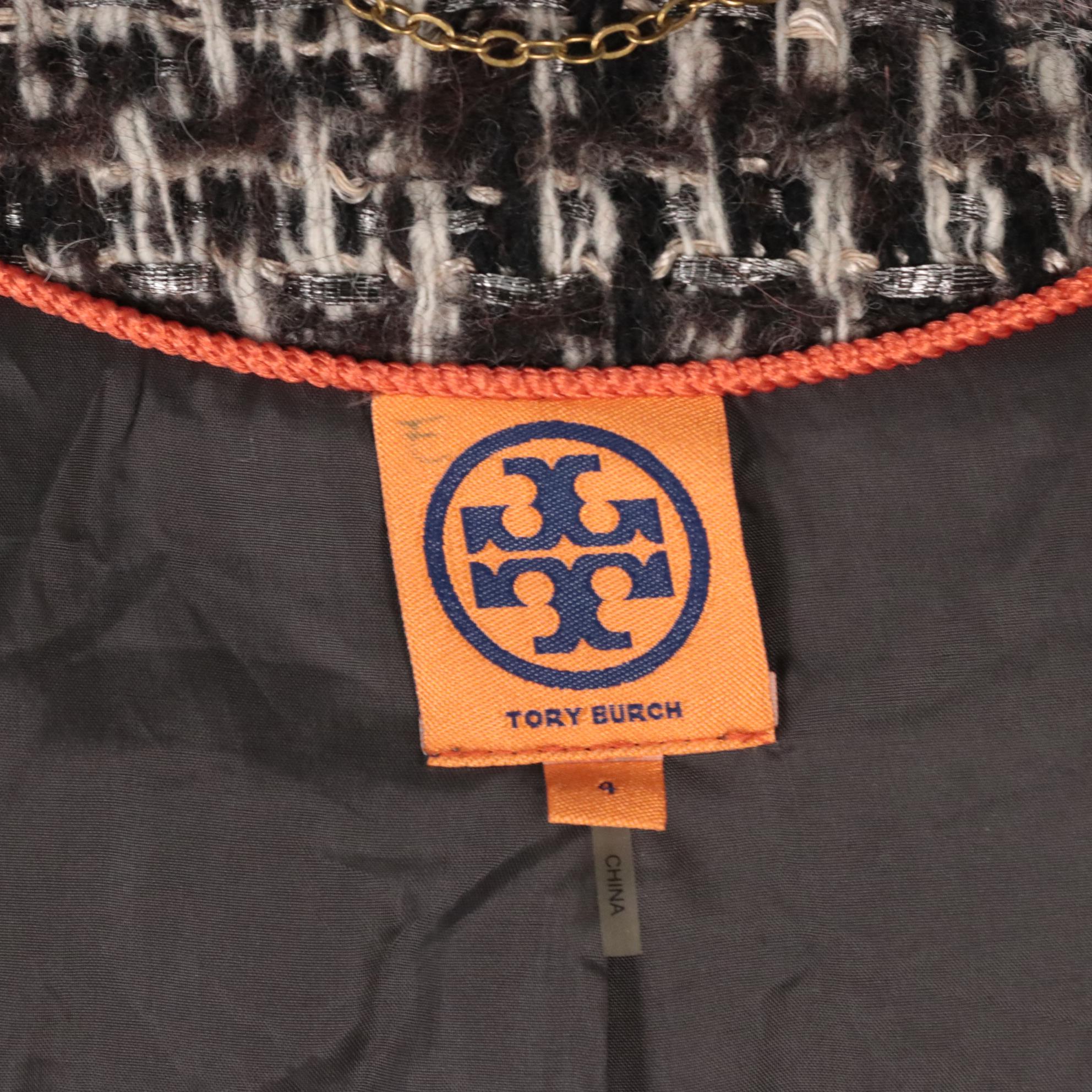 Tory Burch Tweed, Fleece, and Leather Snap-Front Coat with Buckle Detail