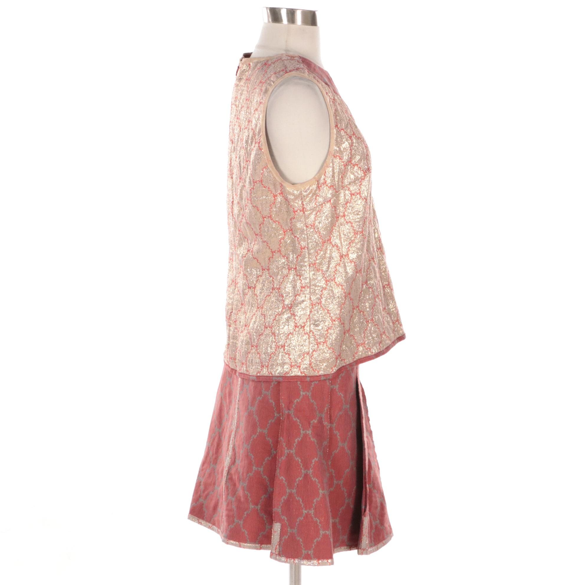 Prada Sleeveless Top and Midi Two-Piece Skirt Set in Gold and Red Brocade