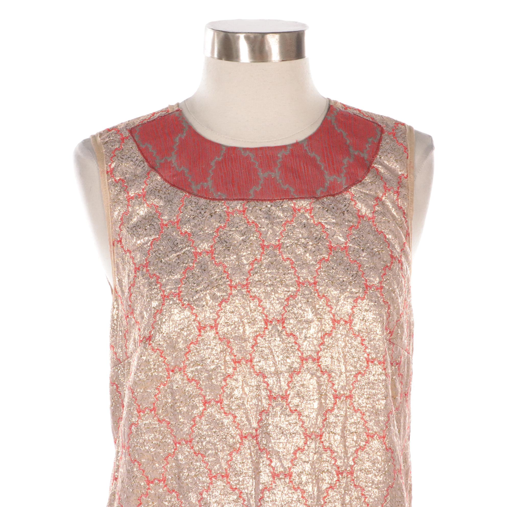 Prada Sleeveless Top and Midi Two-Piece Skirt Set in Gold and Red Brocade