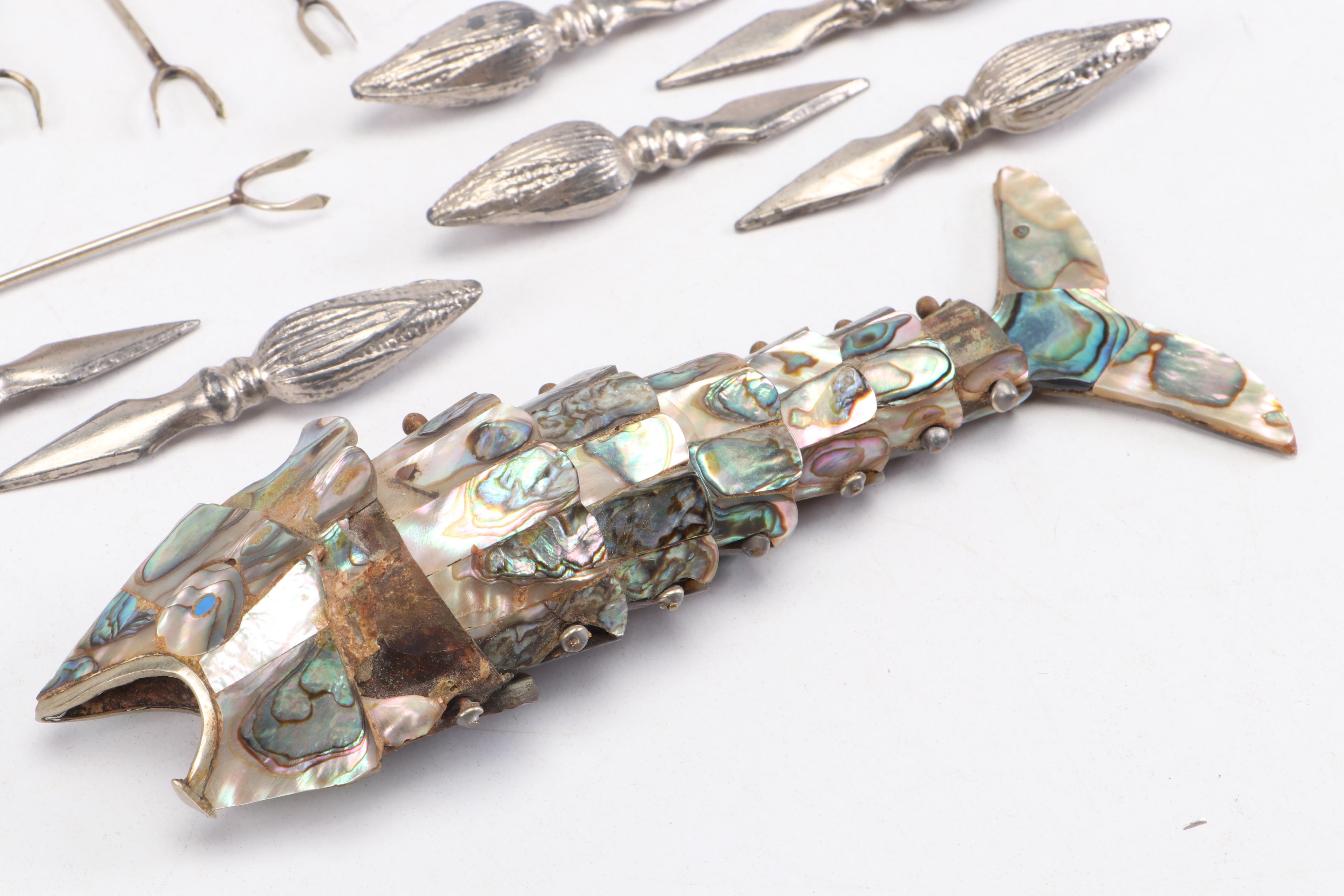 Abalone Articulated Fish Bottle Opener with Cocktail Skewers and Corn Holders